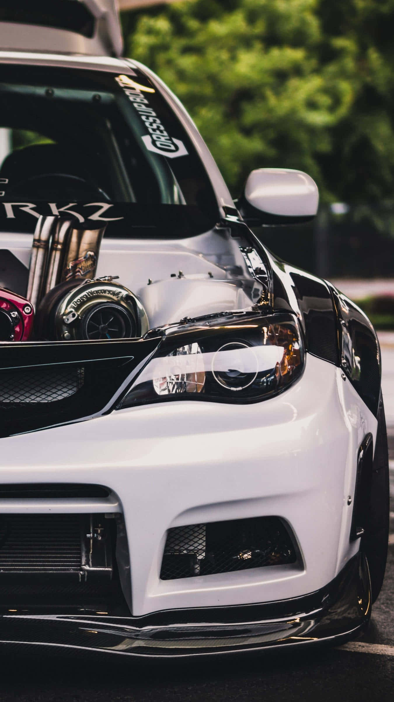 white modified sports car, exposed turbocharger, racing decals, Full HD Phone Wallpaper