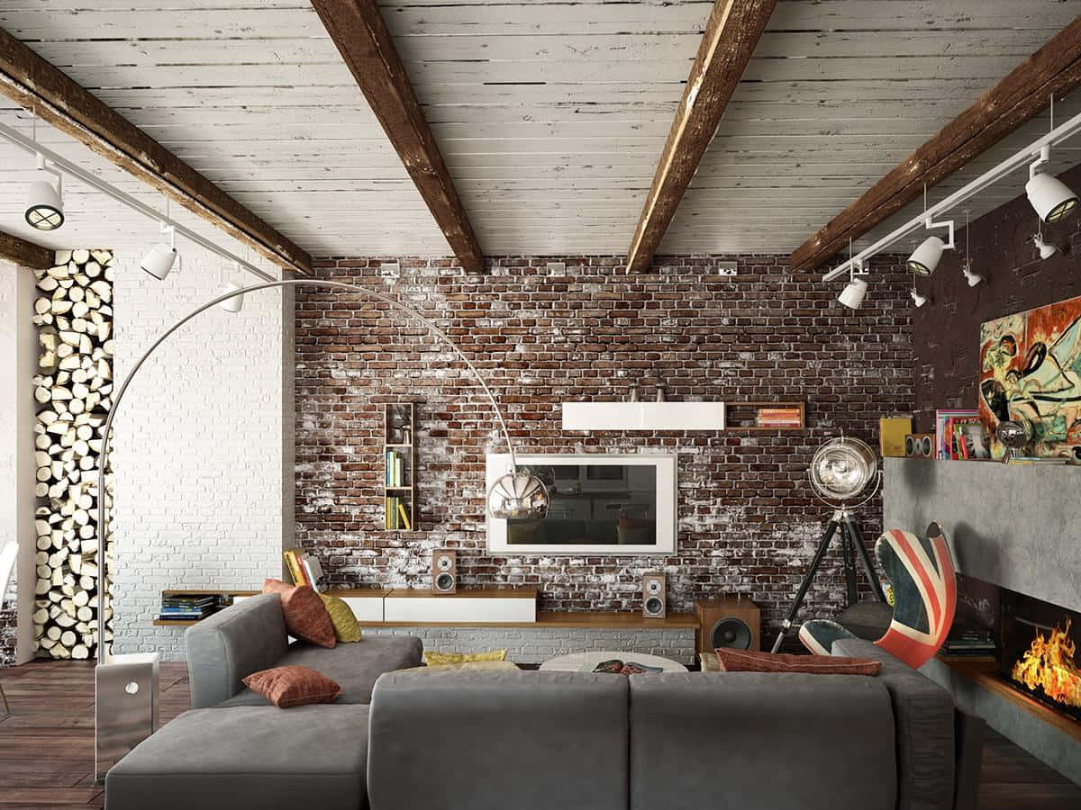 exposed brick wall, fireplace, wooden beams, SD Desktop Wallpaper