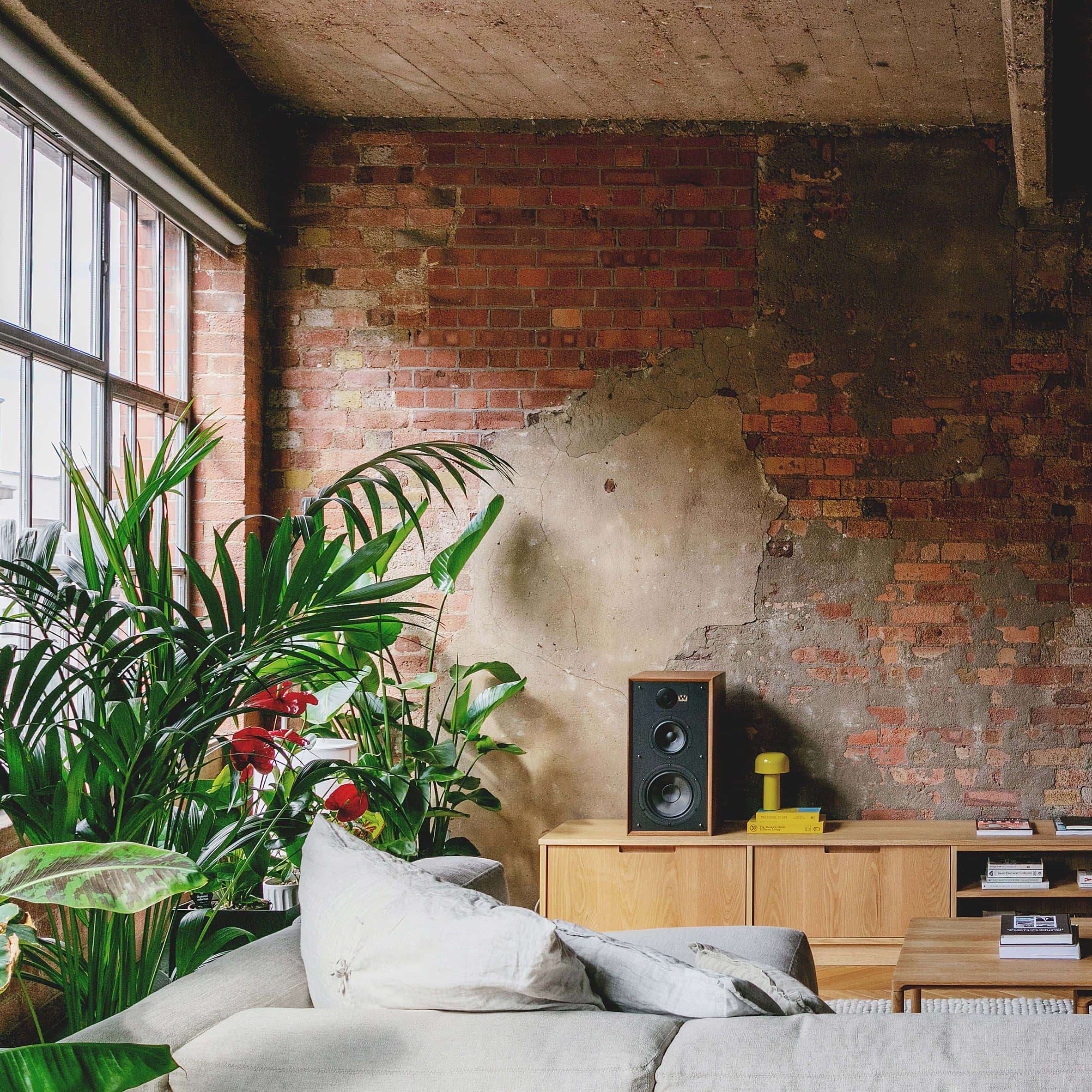 exposed brick walls, industrial loft, sunlit, Full HD Desktop Wallpaper