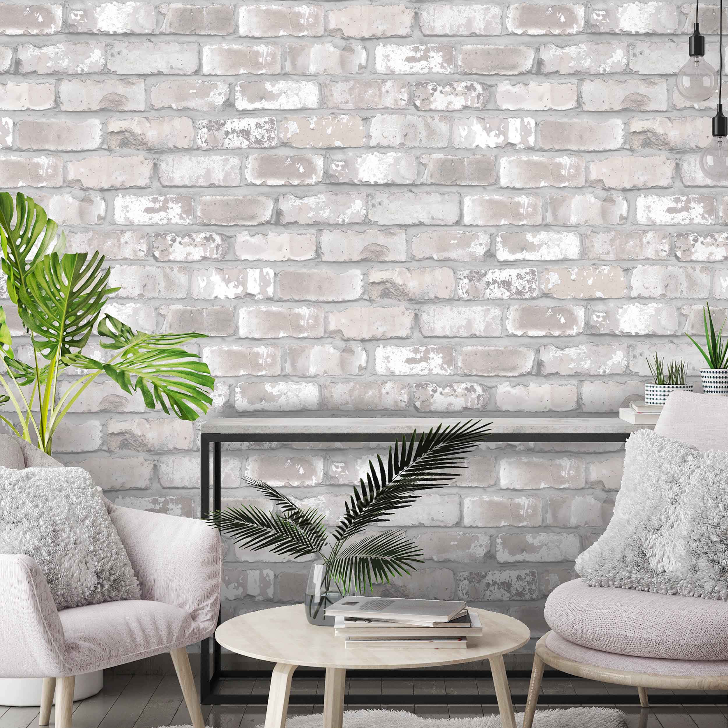 white brick wallpaper, foyer, plush chairs, Full HD Desktop Wallpaper