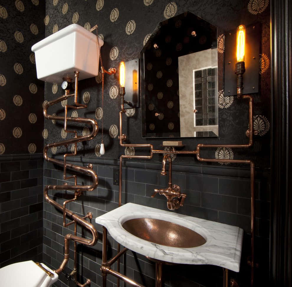 Exposed Comfort Room, copper pipes, marble sink, SD Desktop Wallpaper