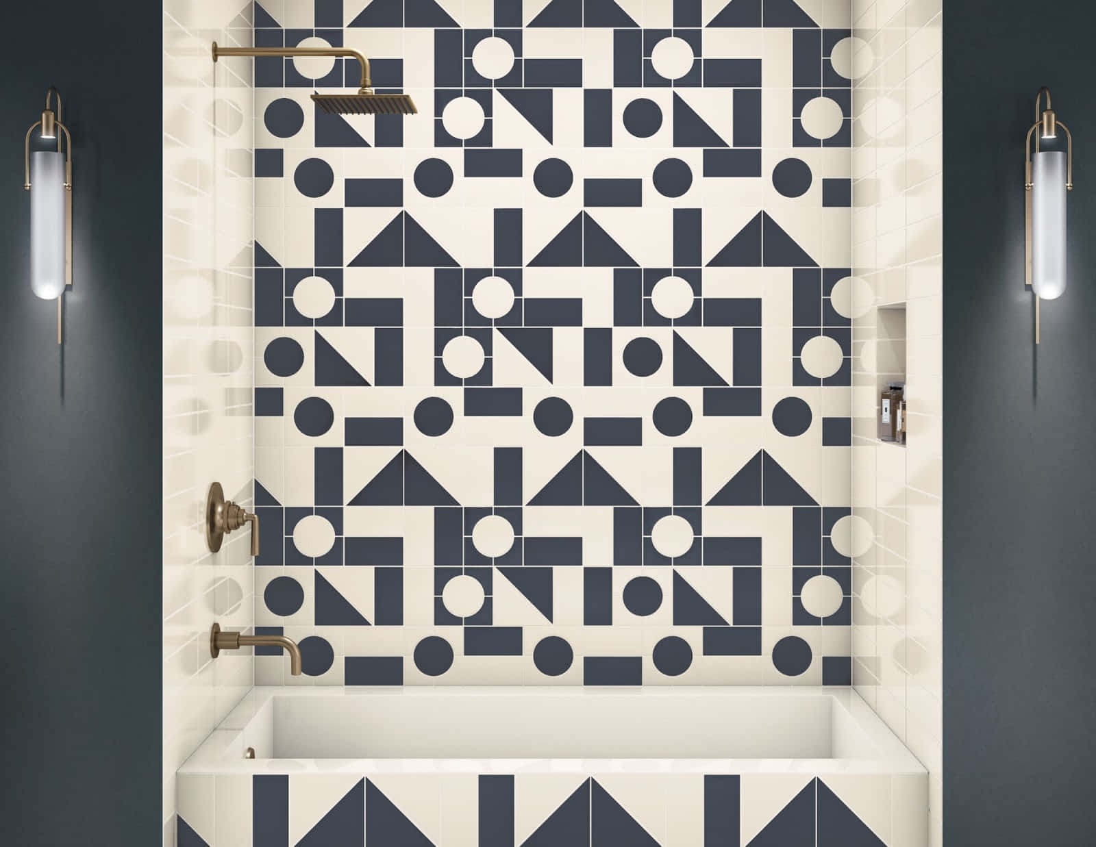 geometric navy and cream tiles, brass fixtures, sleek wall sconces, HD Desktop Wallpaper