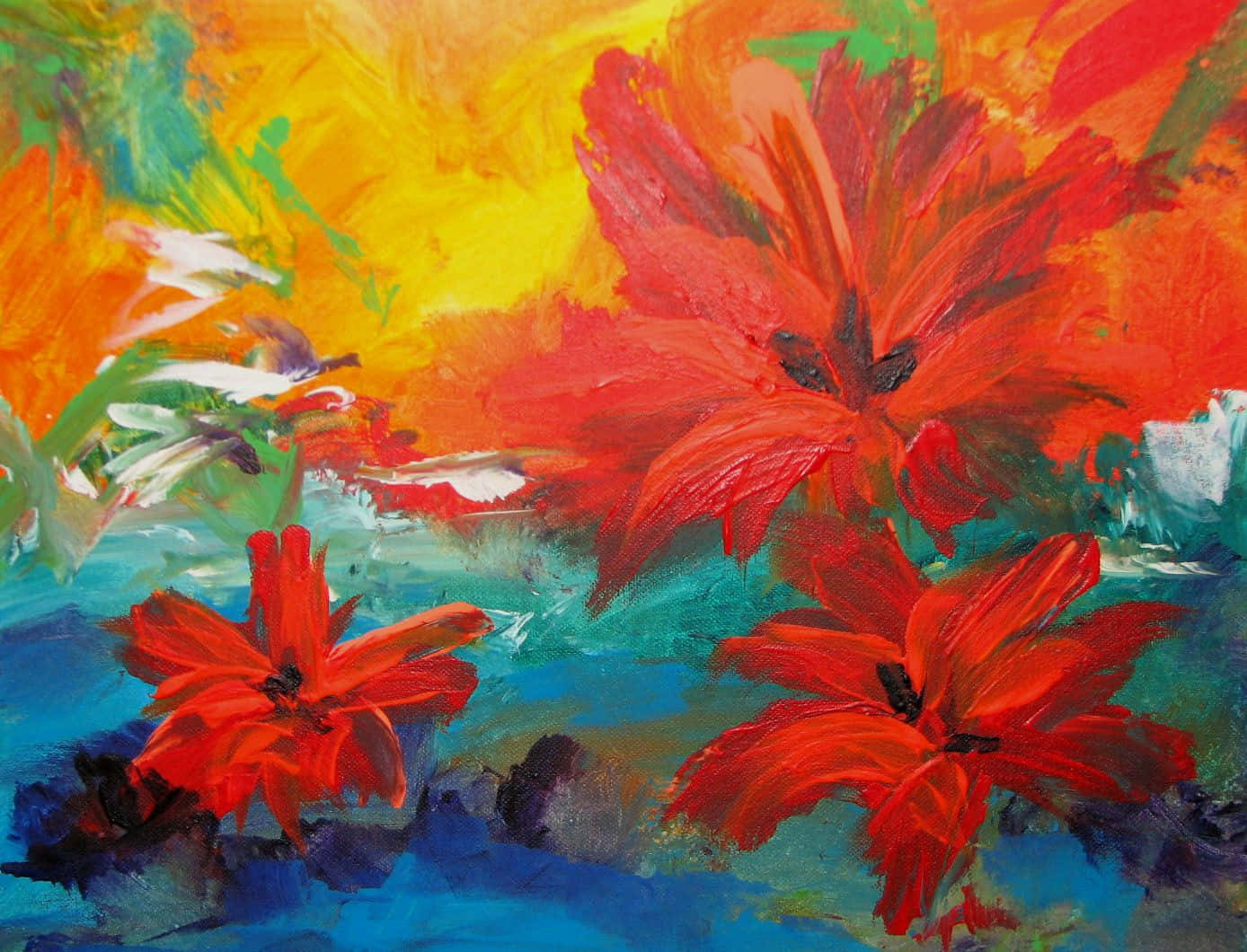 Expressionism, vibrant red flowers, fiery orange, HD Desktop Wallpaper