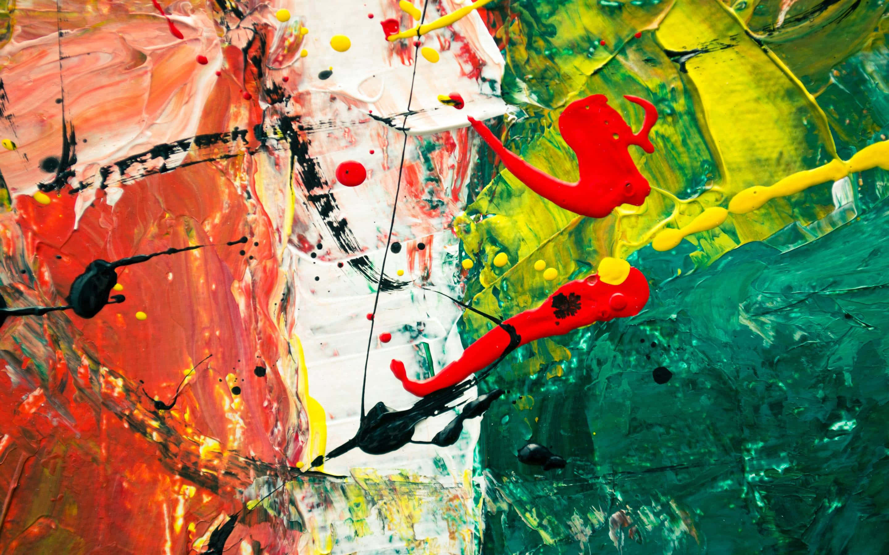 Abstract expressionism painting, bold red yellow green and black paint splatters, textured canvas, 2K Desktop Wallpaper
