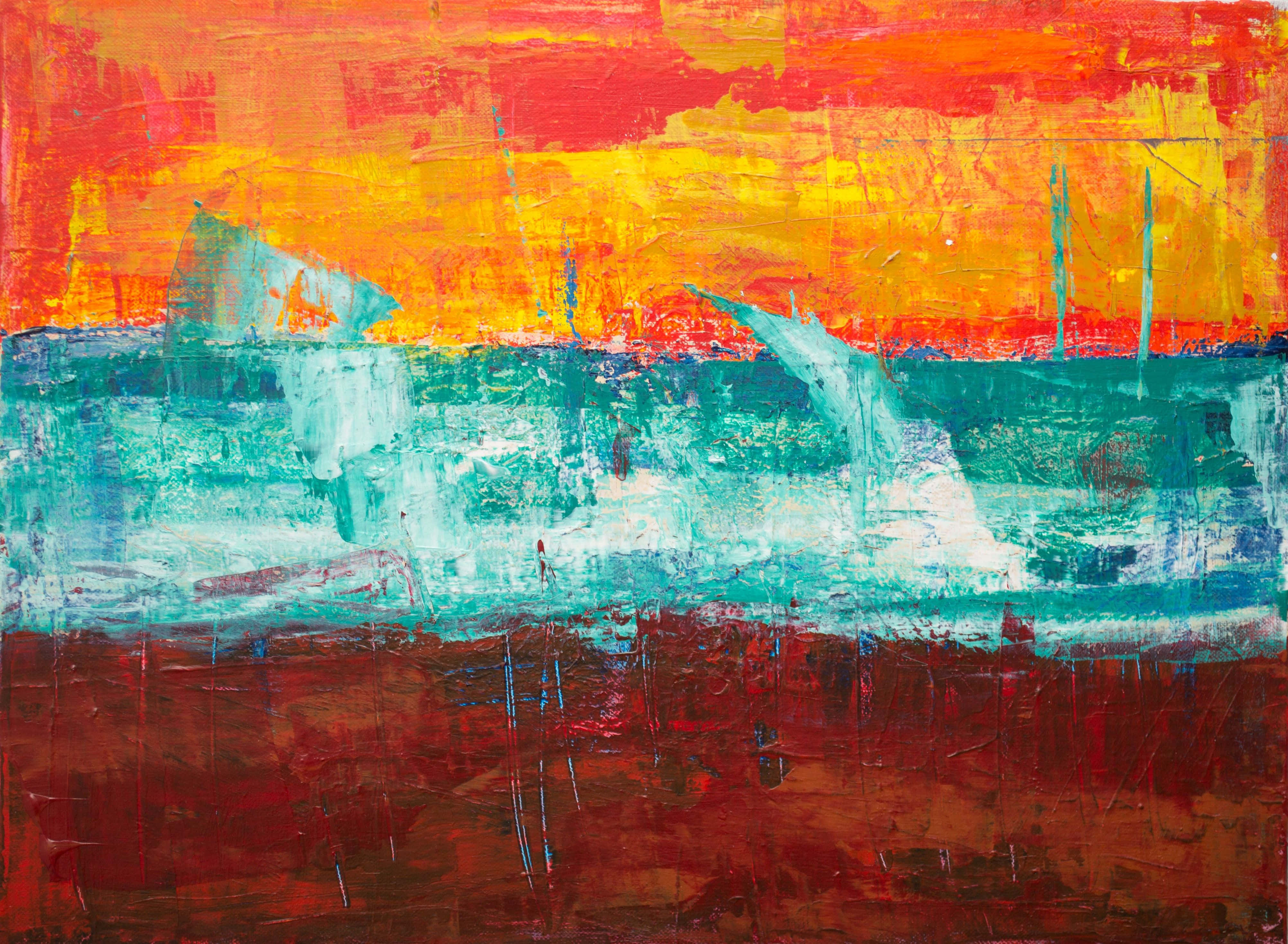 abstract expressionism, fiery orange sky, teal waves, 4K Desktop Wallpaper