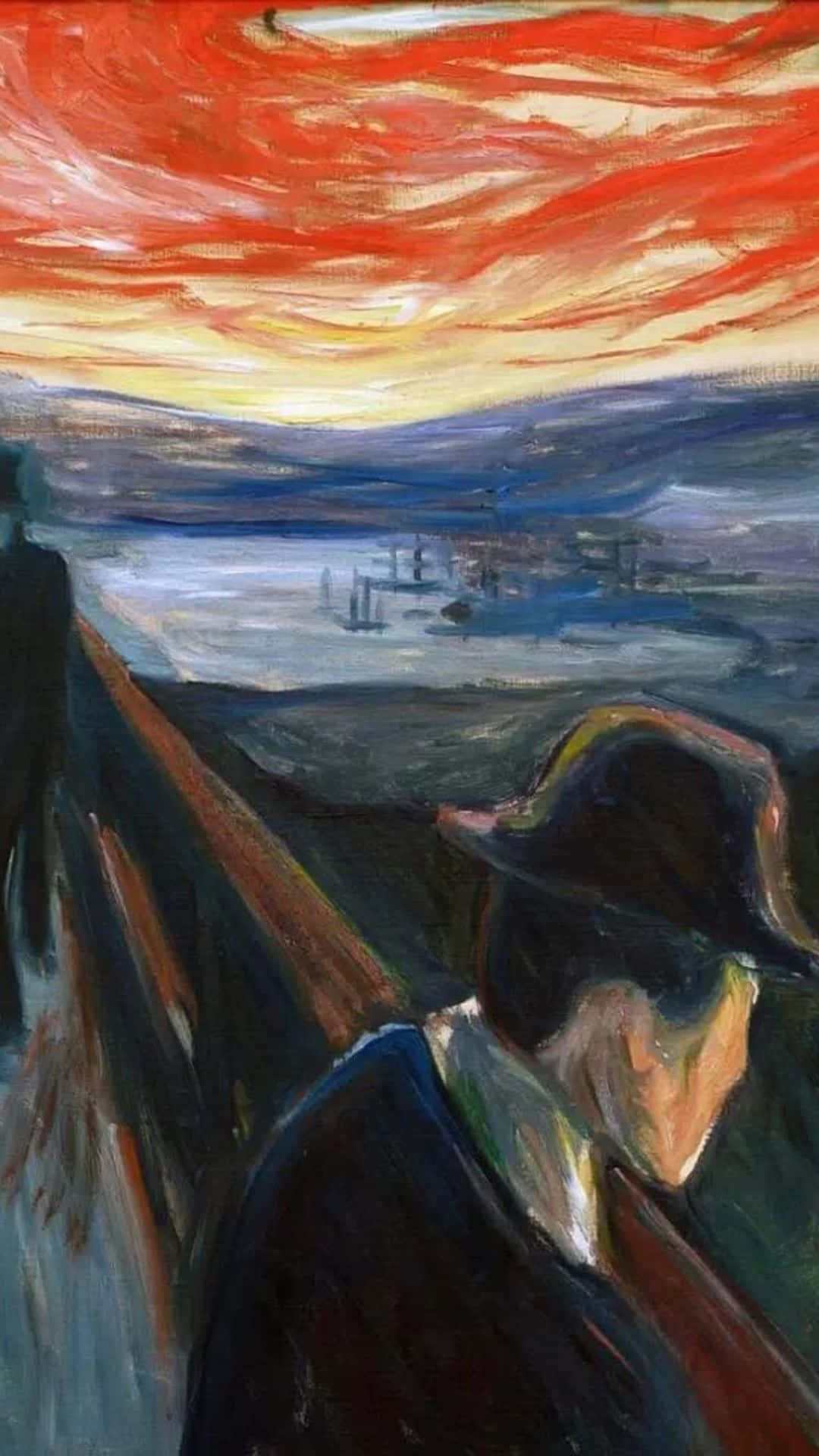 expressionist, orange and yellow sky, dark fjord, Full HD Phone Wallpaper
