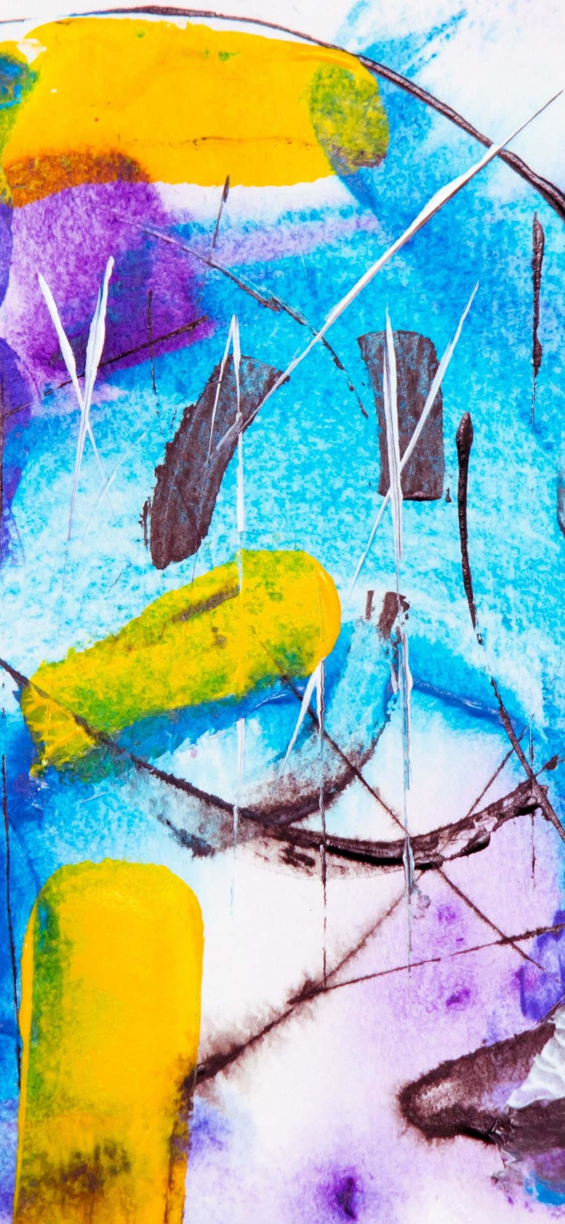 Abstract Expressionist Painting, vibrant abstract watercolor splash, bold yellow purple and blue strokes, Full HD Phone Wallpaper