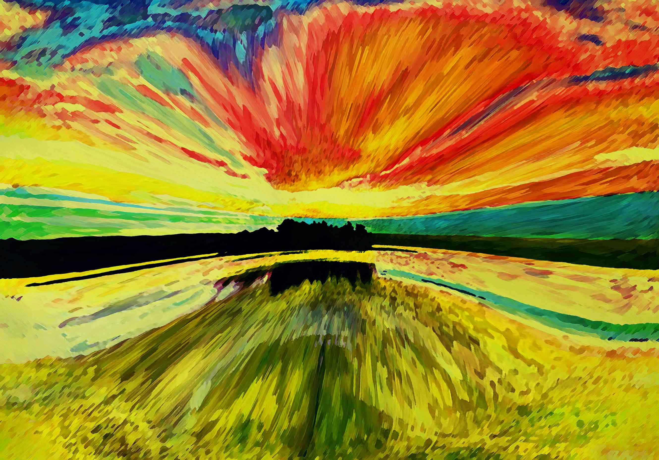 Expressionist, vibrant painted landscape, radiant sunset, 2K Desktop Wallpaper