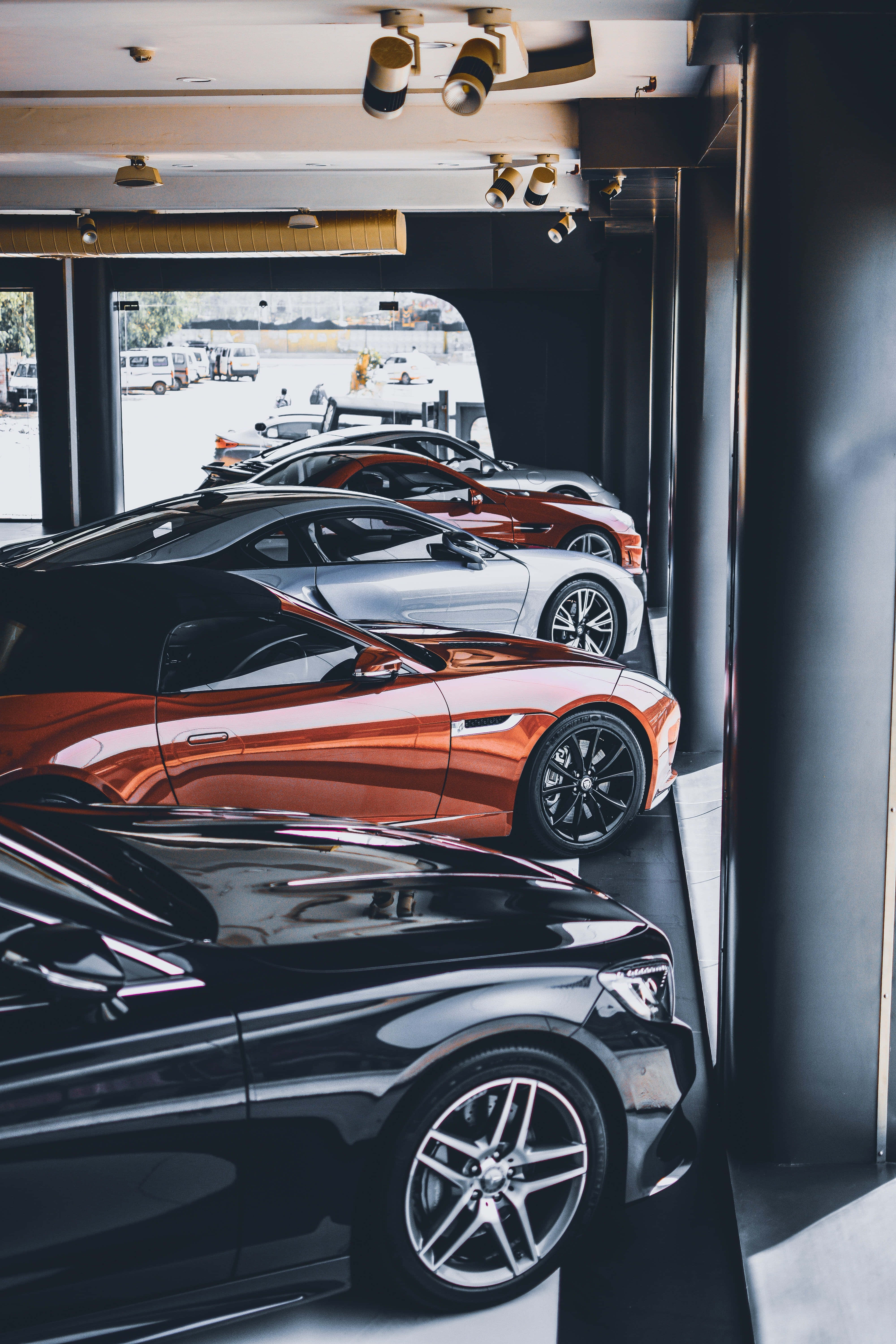 metallic orange silver, black, spotlights, 5K Phone Wallpaper