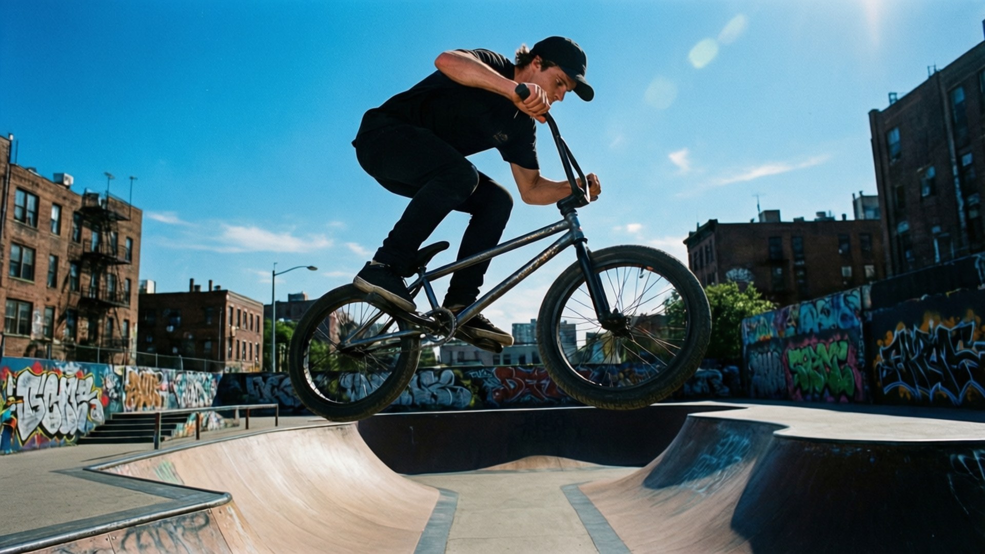 bmx rider, black gear, concrete skatepark ramp, Full HD Desktop Wallpaper