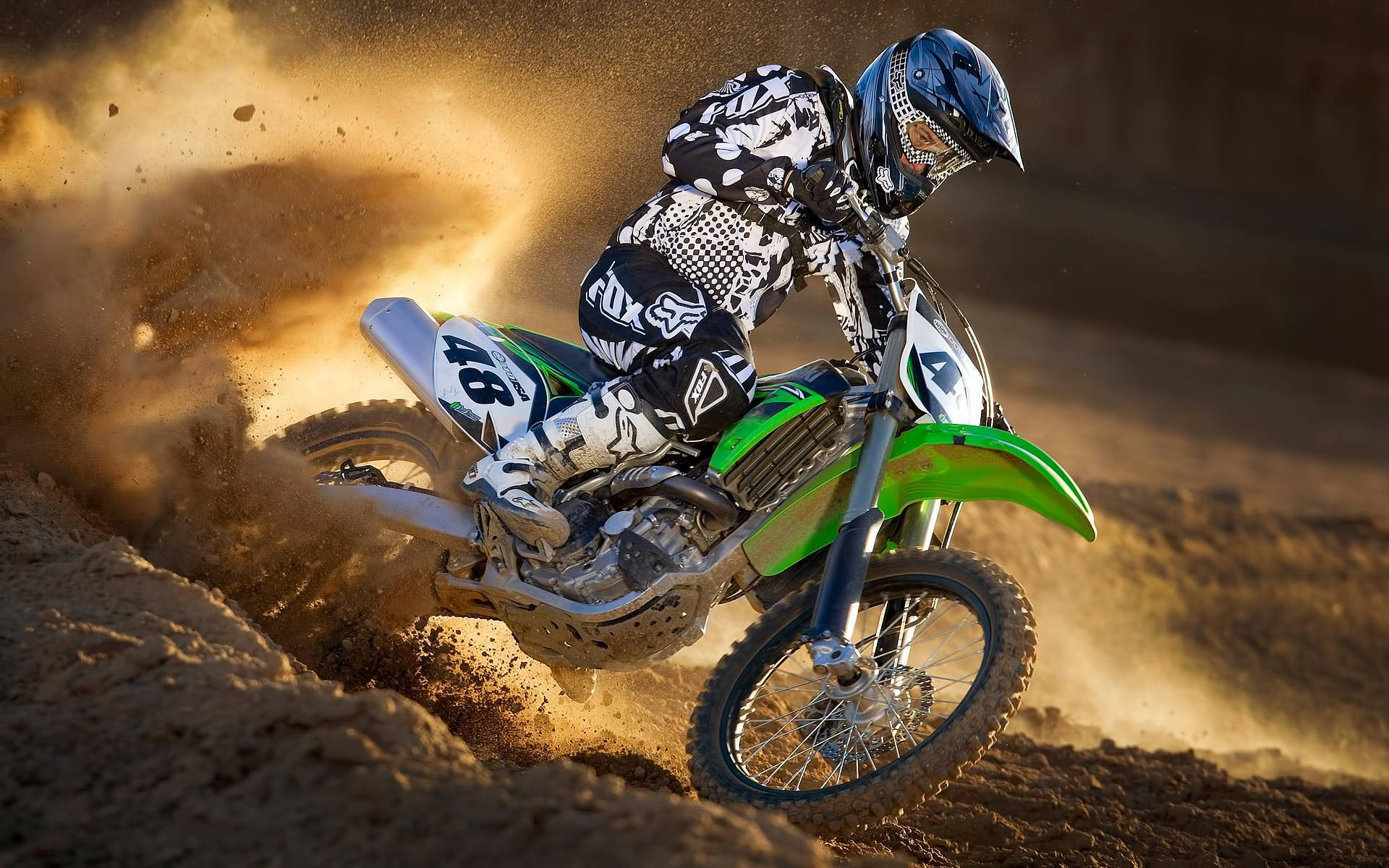 green motocross bike, black and white gear, golden dust, Full HD Desktop Wallpaper