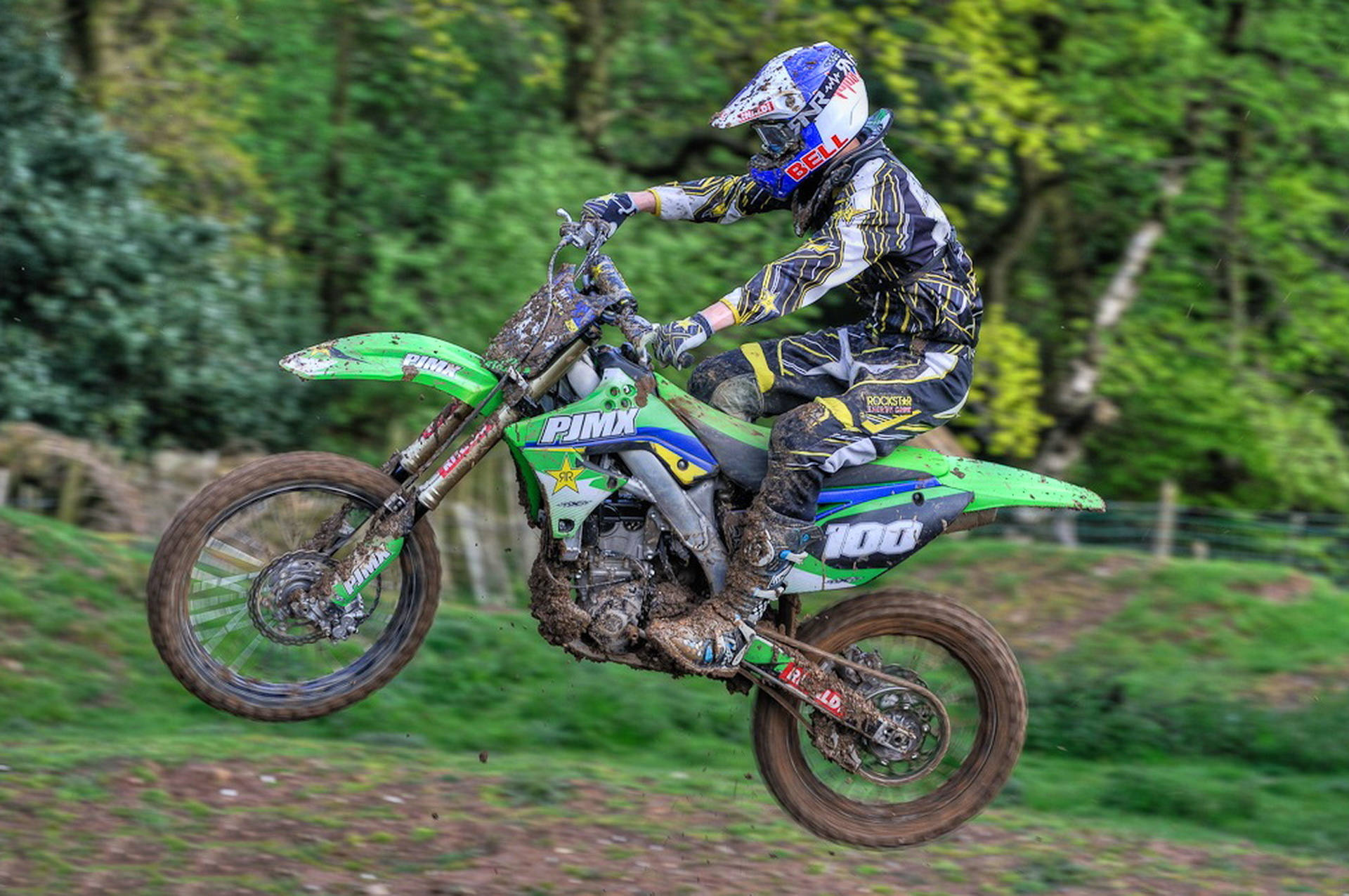 green motocross bike, muddy bike, lush forest, Full HD Desktop Wallpaper