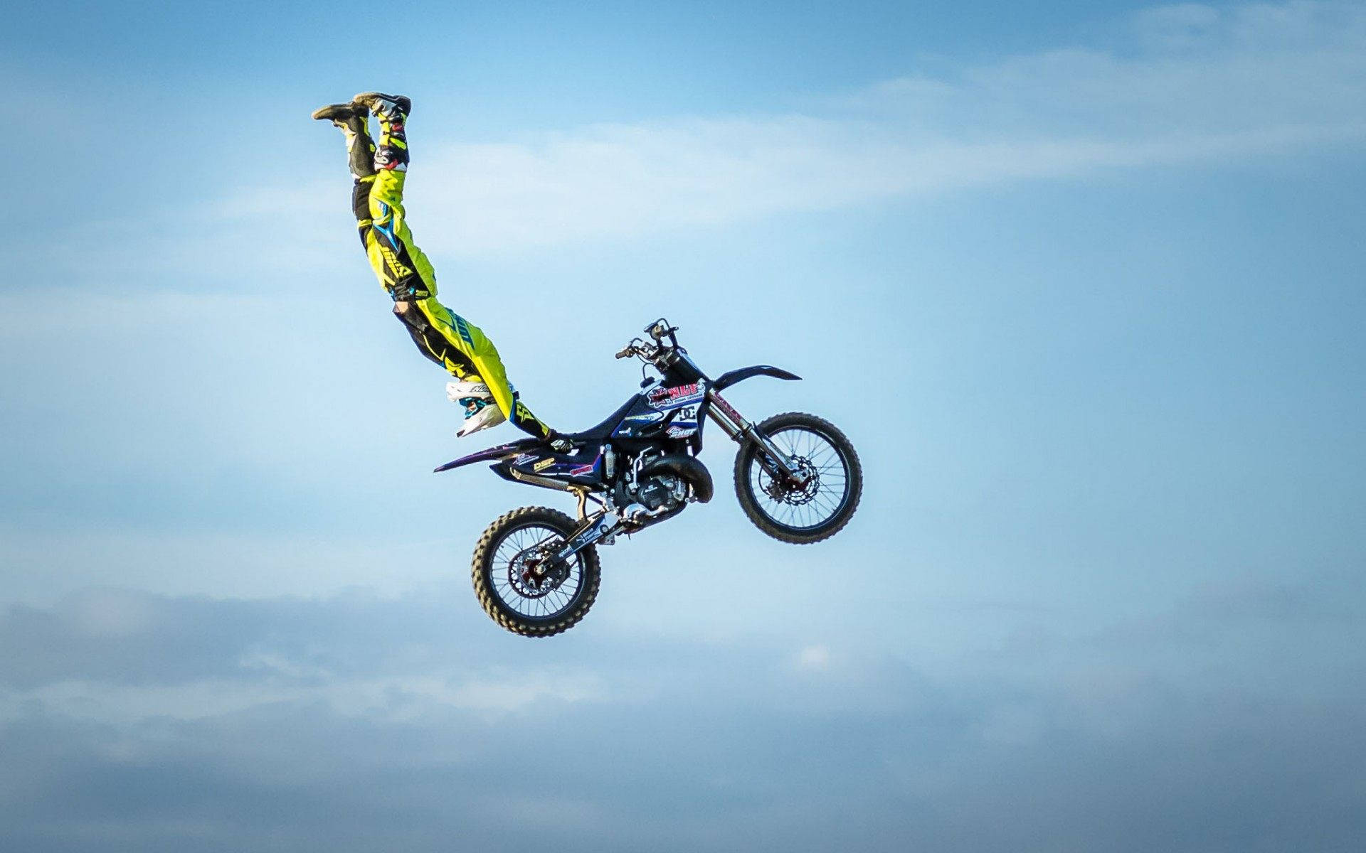 extreme sports fmx bike jump, bright yellow gear, inverted aerial stunt, Full HD Desktop Wallpaper