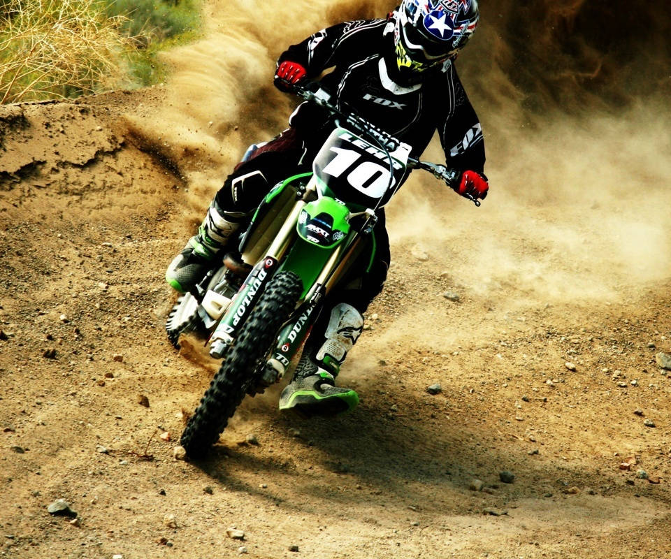 motocross rider, black gear, green bike, SD Desktop Wallpaper