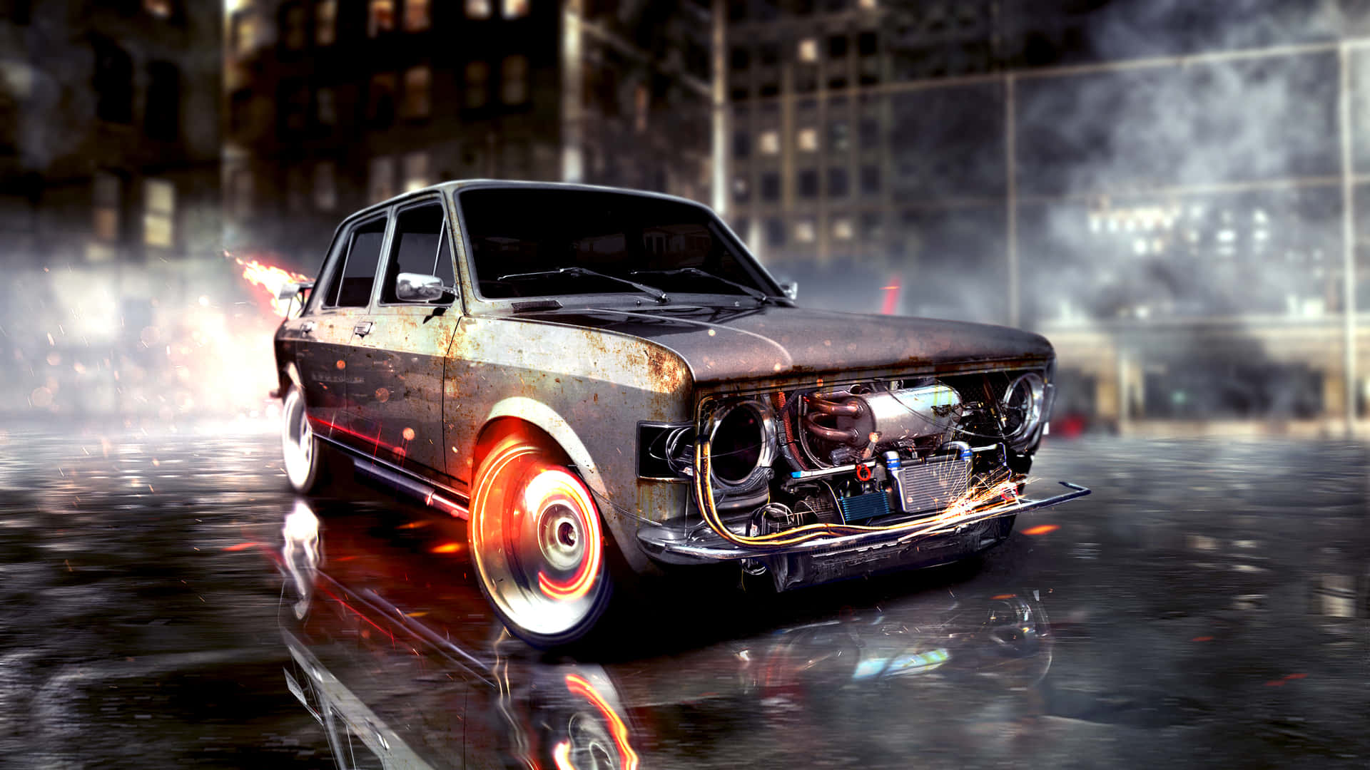 rusted vintage car, glowing red wheels, exposed engine, Full HD Desktop Wallpaper