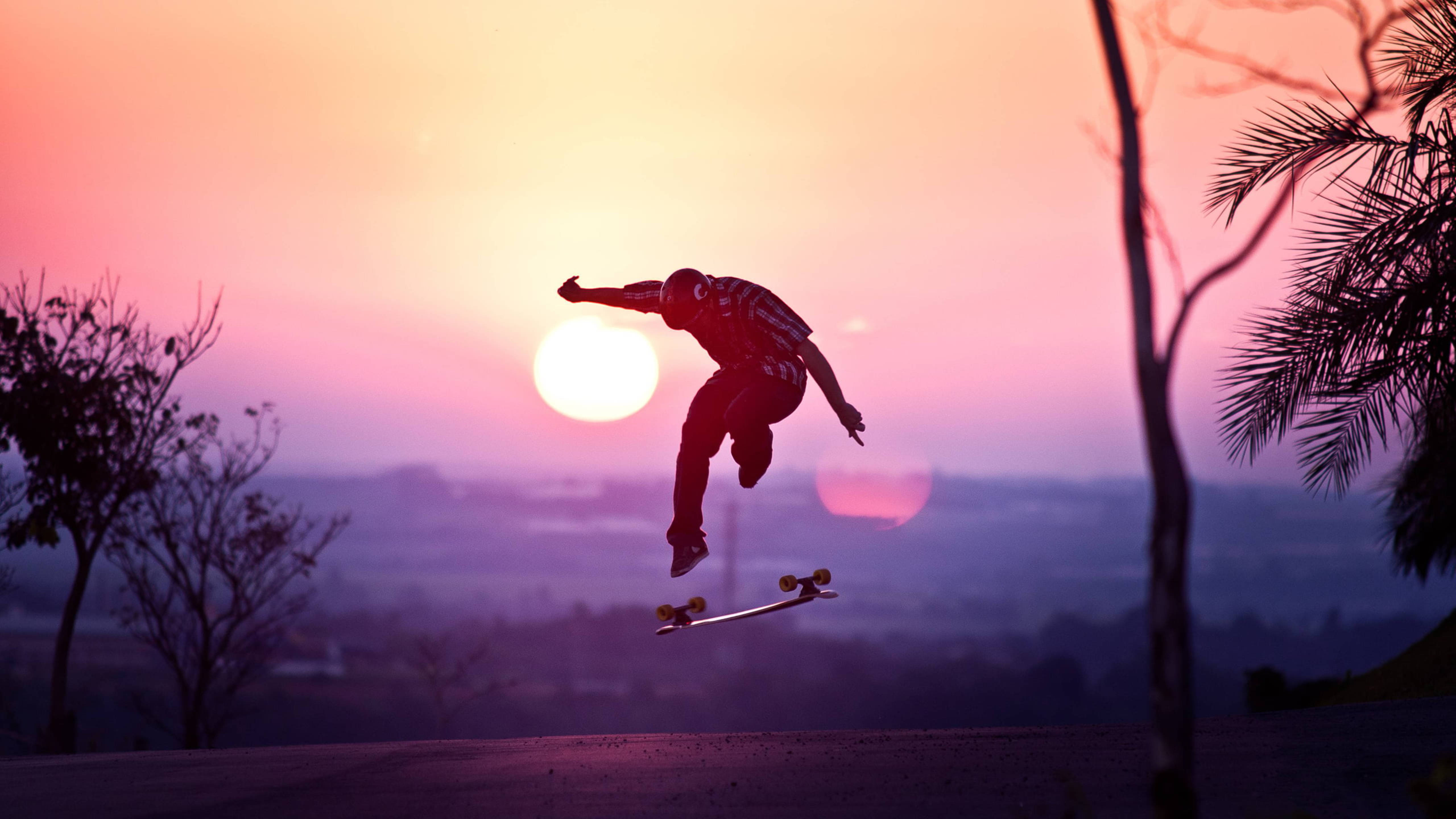 skateboarding, sunset, pink and orange sunset sky, 5K Desktop Wallpaper