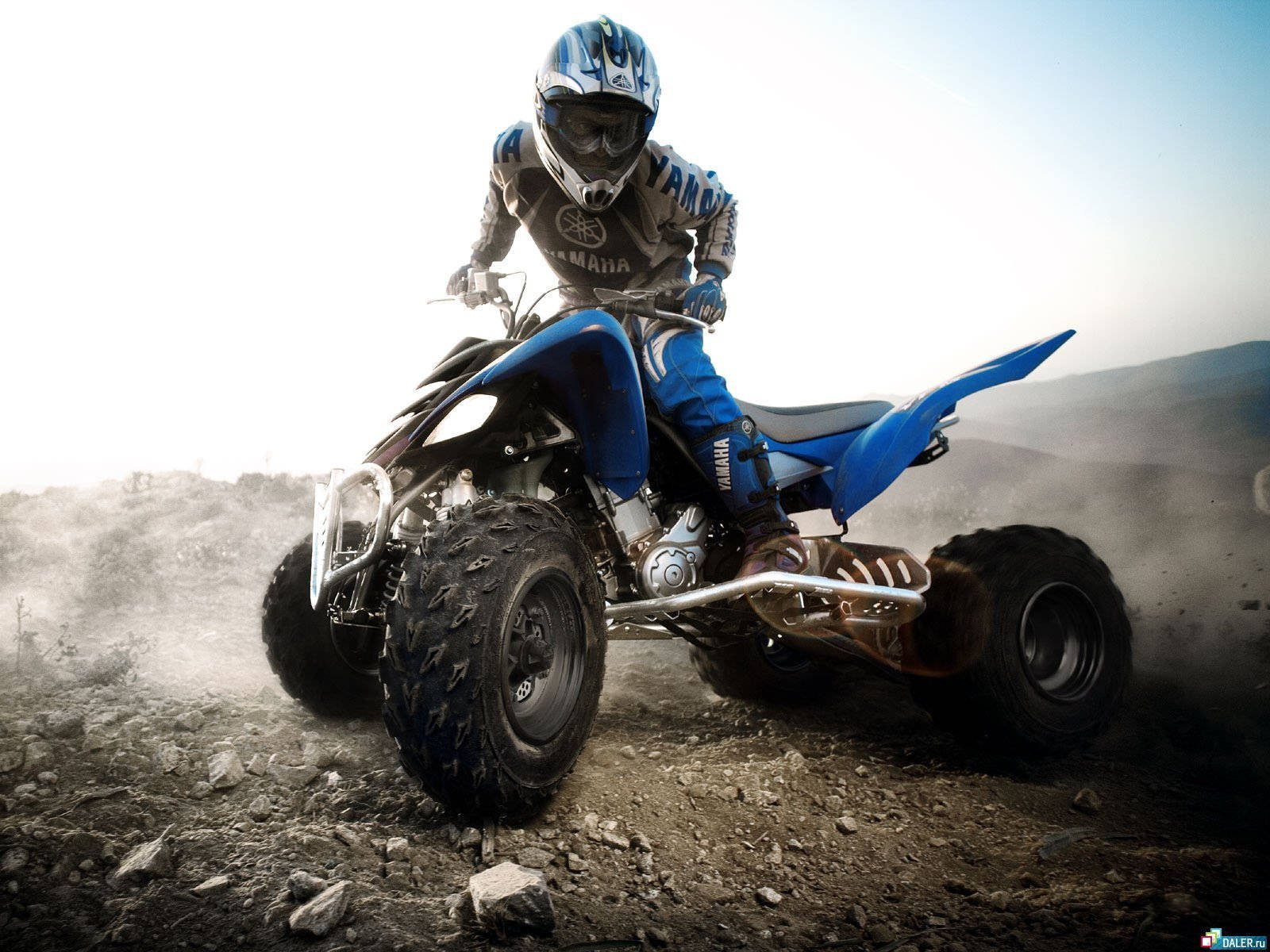 blue Yamaha ATV, rider in full gear, dusty rugged terrain, HD Desktop Wallpaper