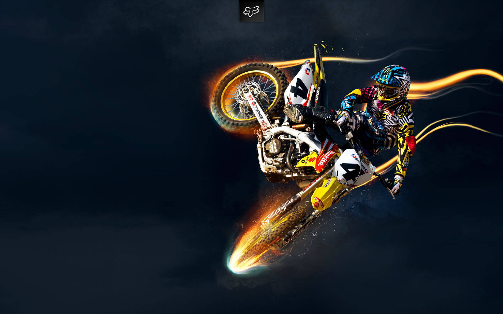 flaming motocross bike, yellow bike, fiery motion trails, Full HD Desktop Wallpaper