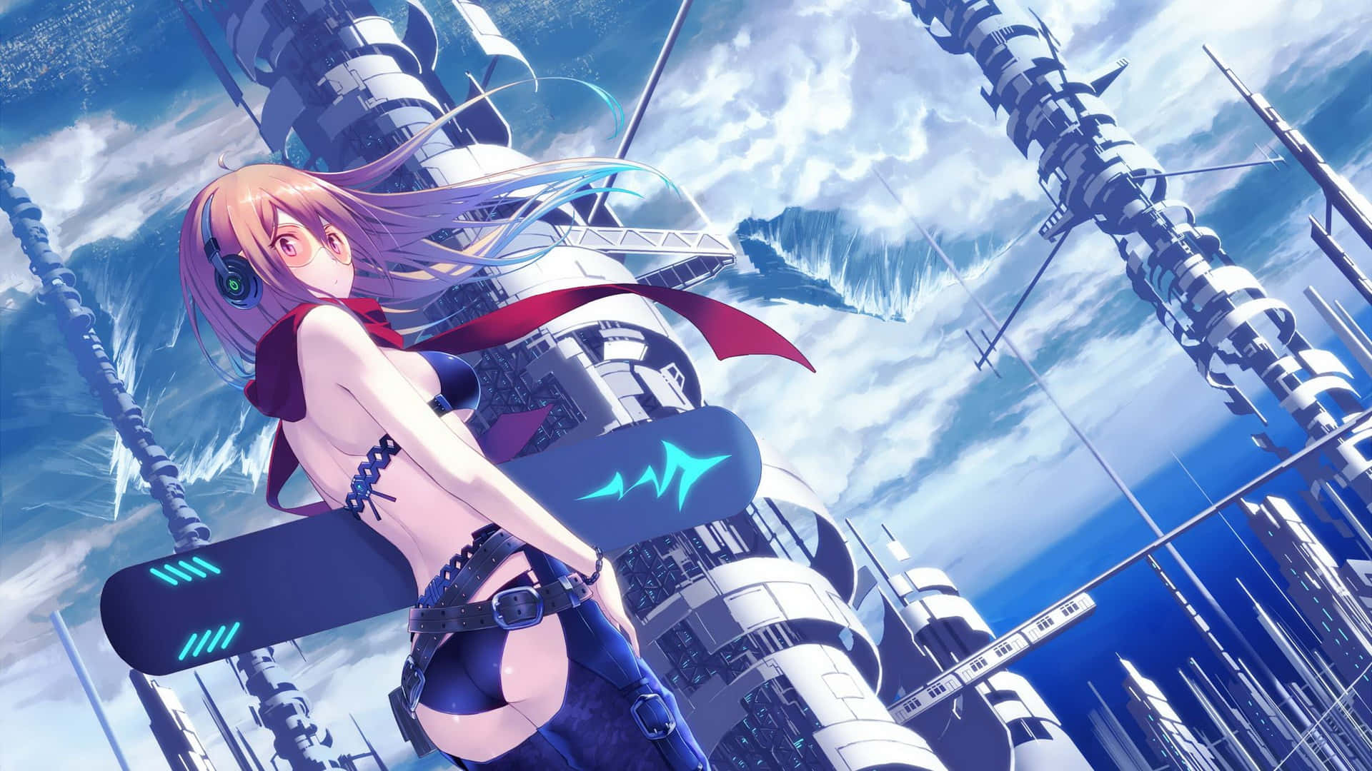 pink-haired anime girl, headphones, glowing snowboard, Full HD Desktop Wallpaper