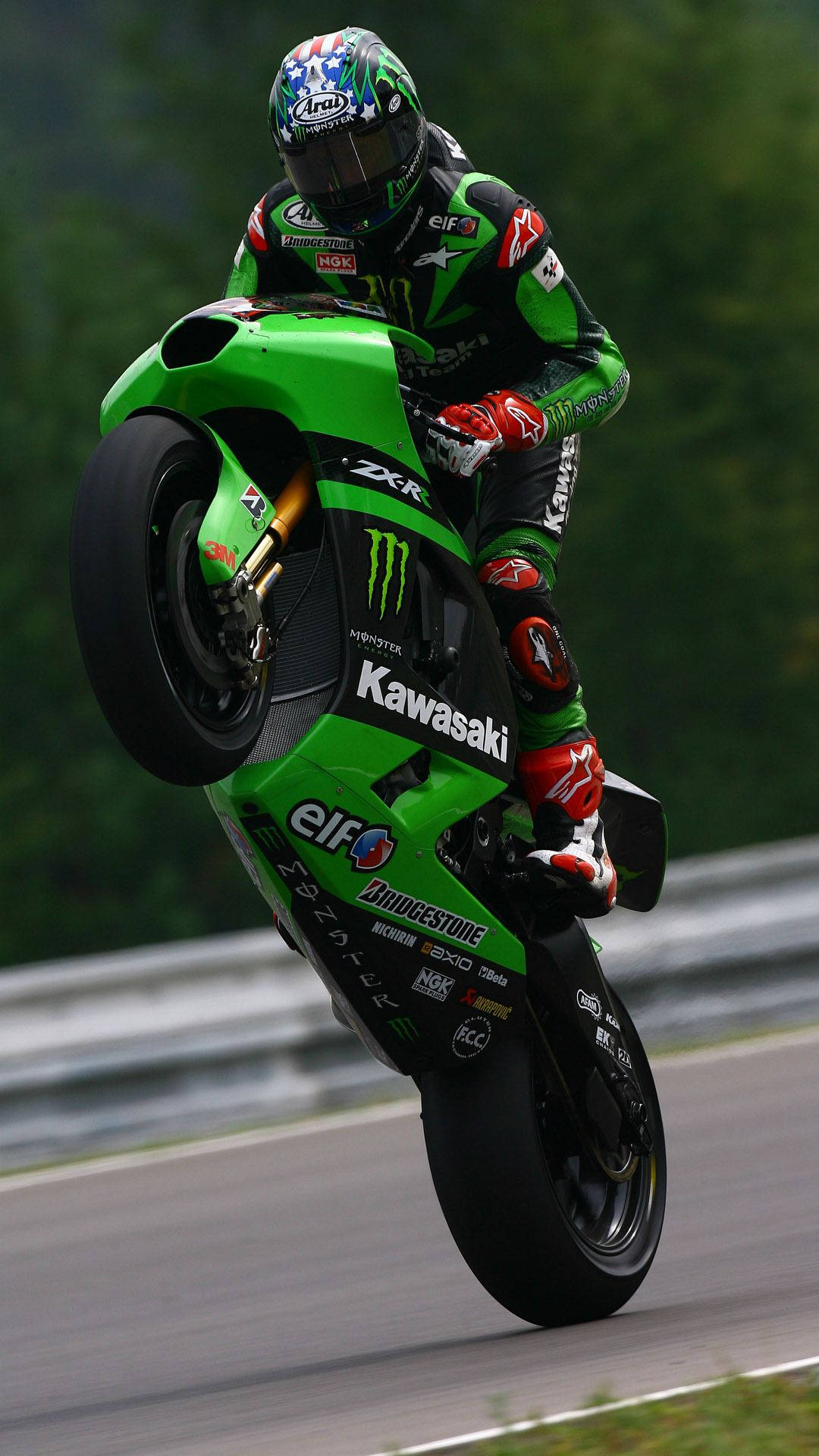 green Kawasaki Ninja, vibrant green Kawasaki racing bike, motorcyclist in green gear, Full HD Phone Wallpaper