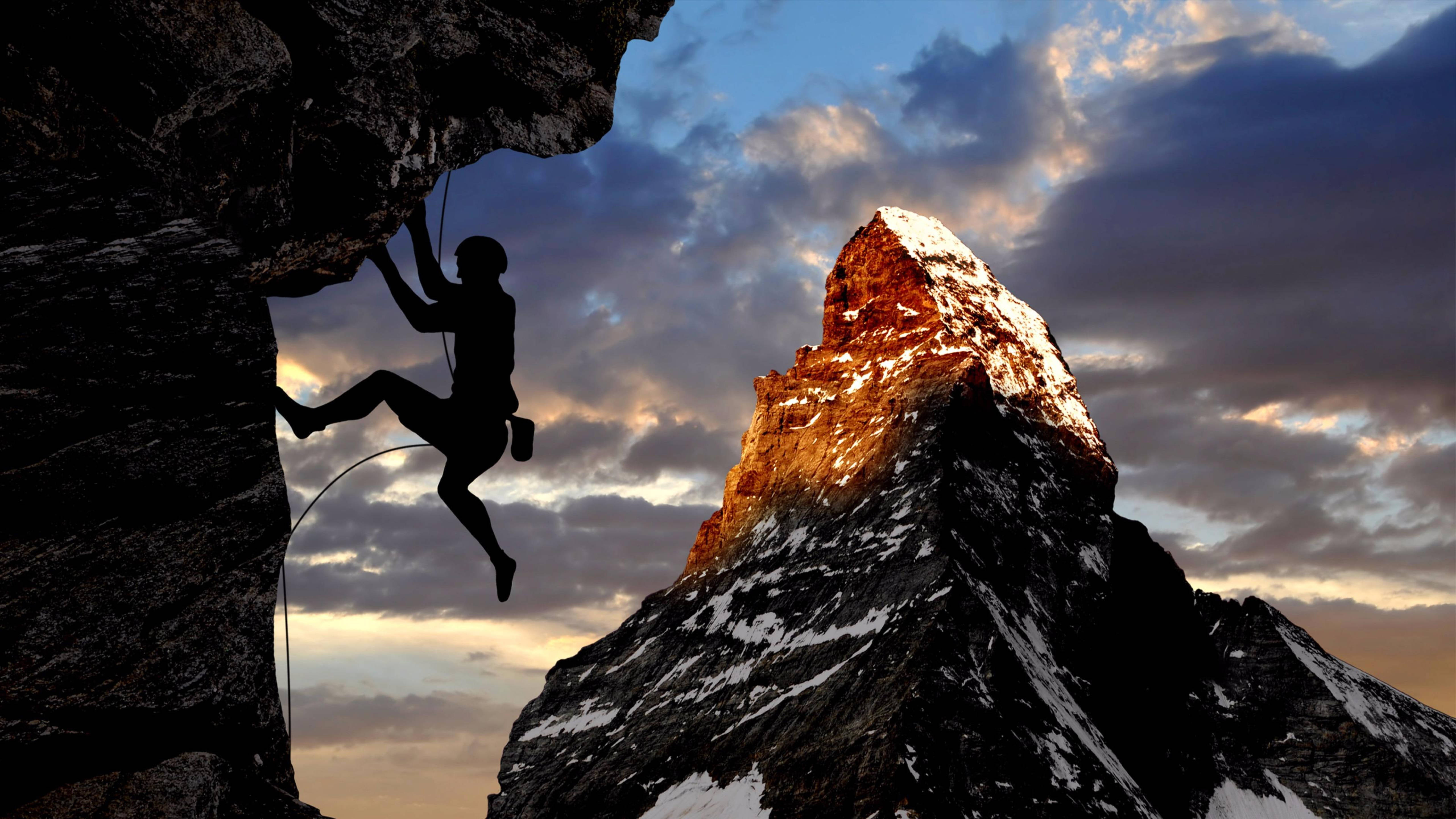 mountain climbing, climber silhouette, snow-capped mountain peak, 5K Desktop Wallpaper