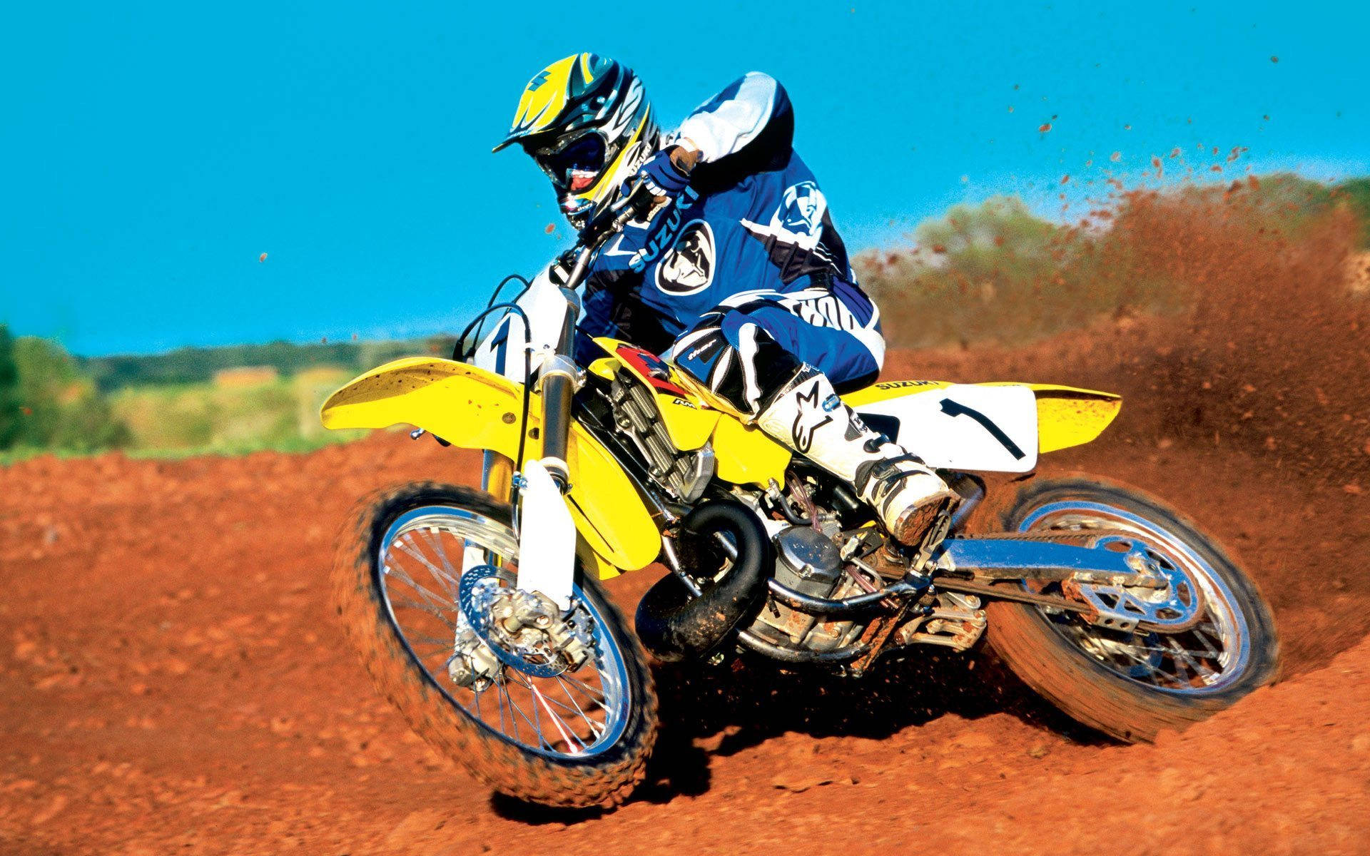 motocross yellow bike, dirt bike, red dust, Full HD Desktop Wallpaper