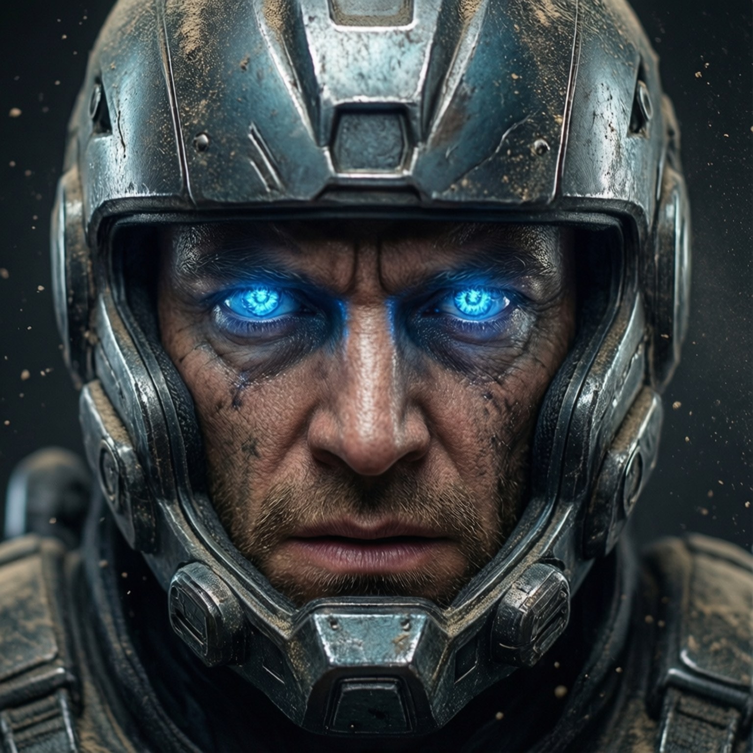 Face of Extremis, battle-scarred helmet, glowing blue eyes, HD Desktop Wallpaper