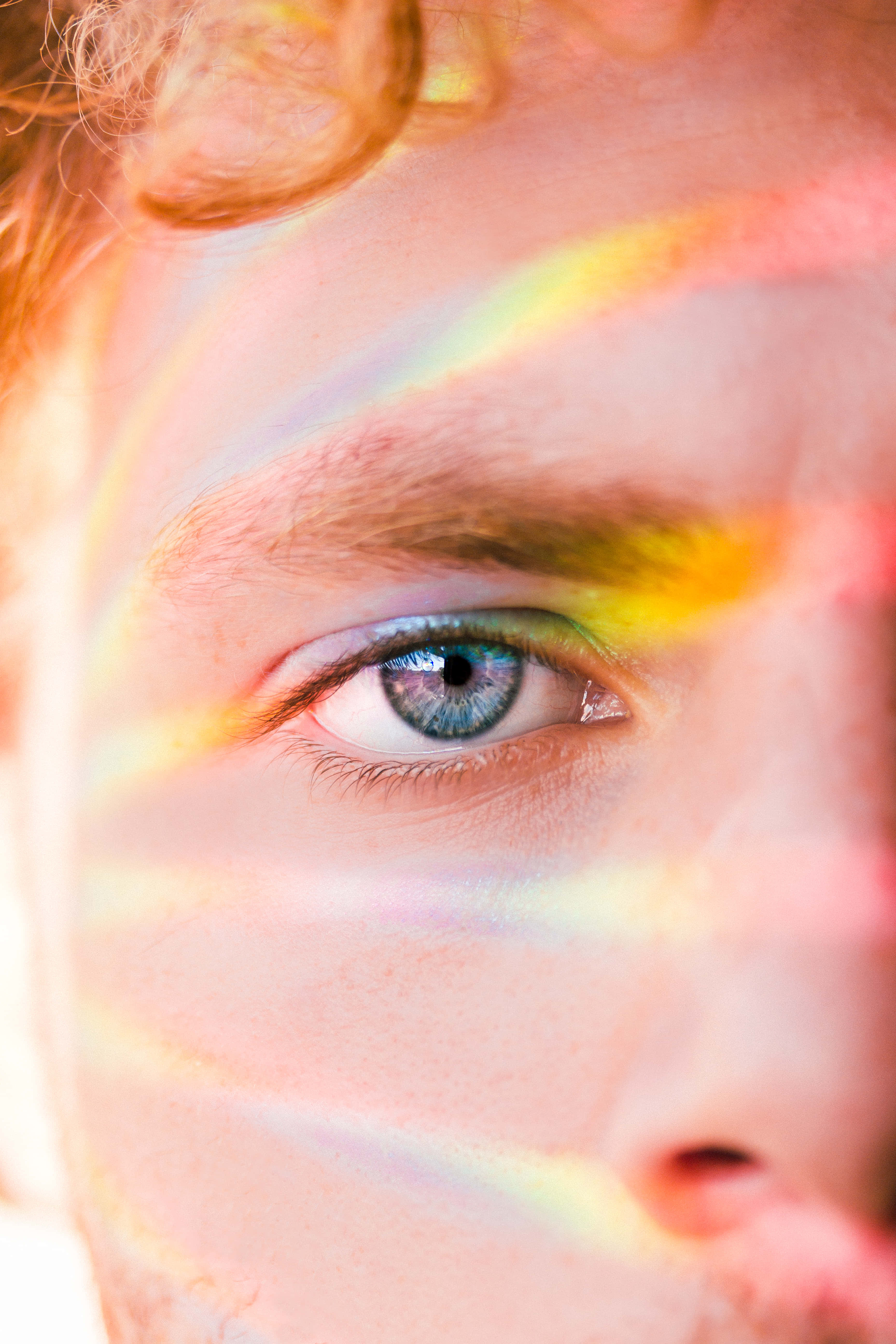blue eye, rainbow light streaks, curly hair, 5K Phone Wallpaper