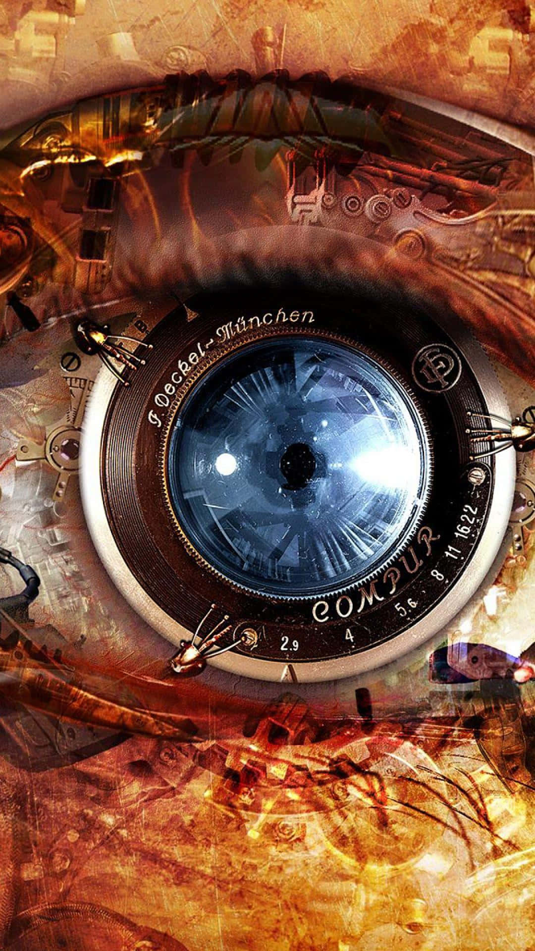 steampunk eye, vintage Compur camera lens, golden mechanical background, Full HD Phone Wallpaper