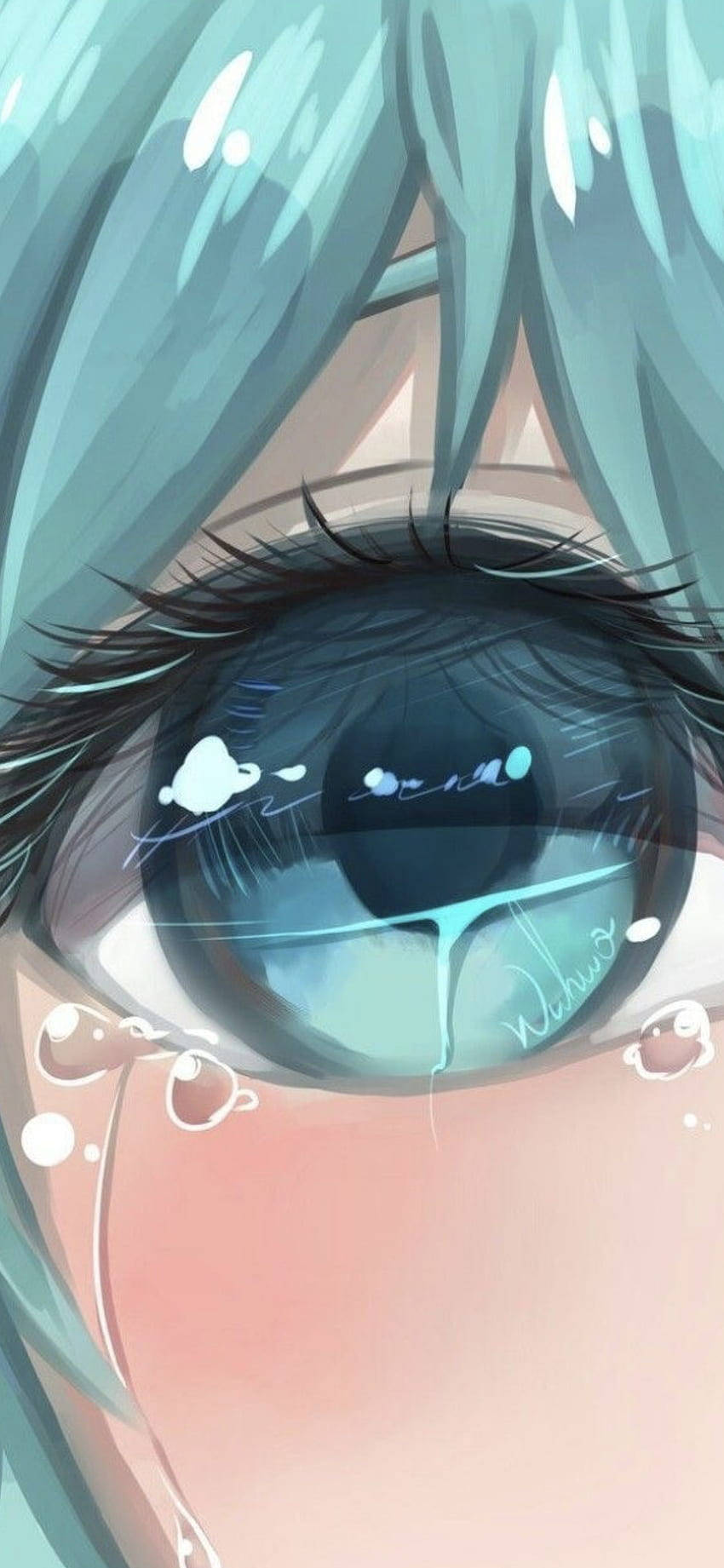 anime eye, teal hair, tear drops, HD Phone Wallpaper