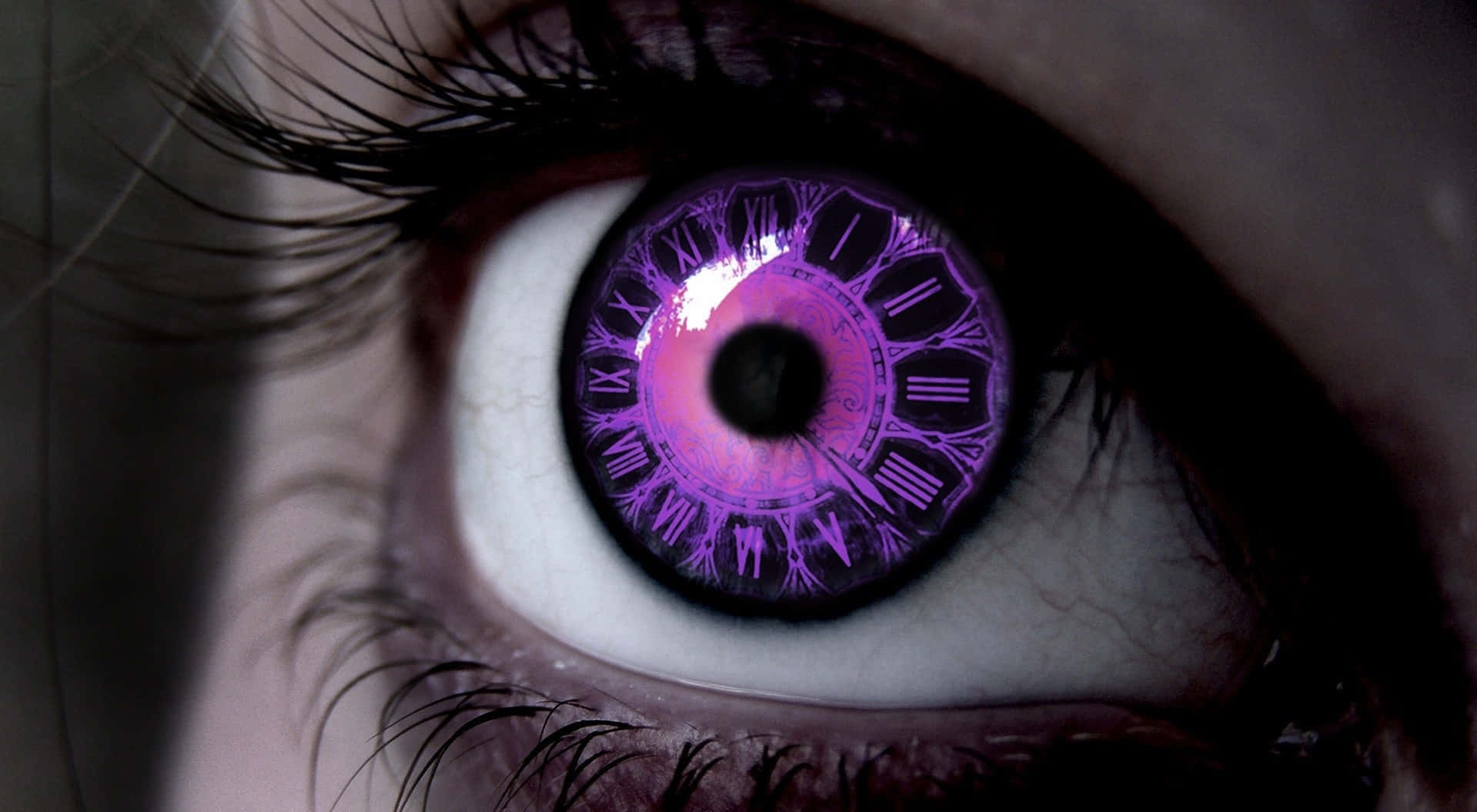 purple clock numbers, glowing purple clock face iris, Roman numerals, HD Desktop Wallpaper