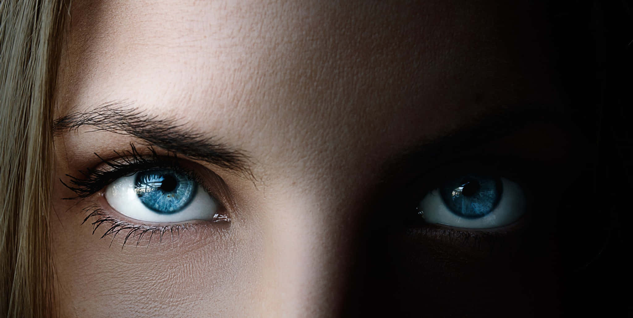 woman, blue eyes, shadowed darkness, Full HD Desktop Wallpaper