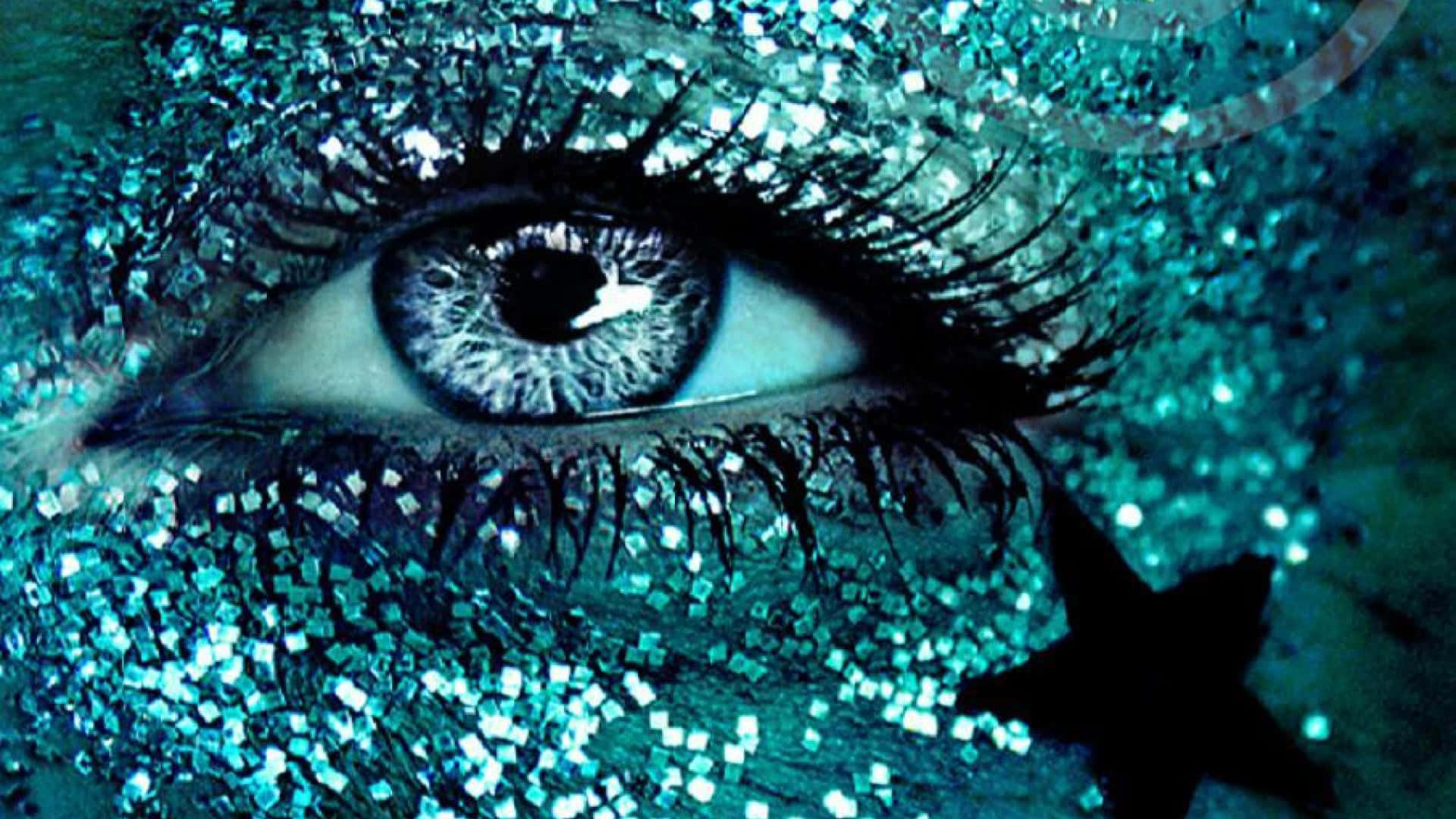 glittering blue mermaid eye closeup, teal sparkles, black star silhouette, Full HD Desktop Wallpaper