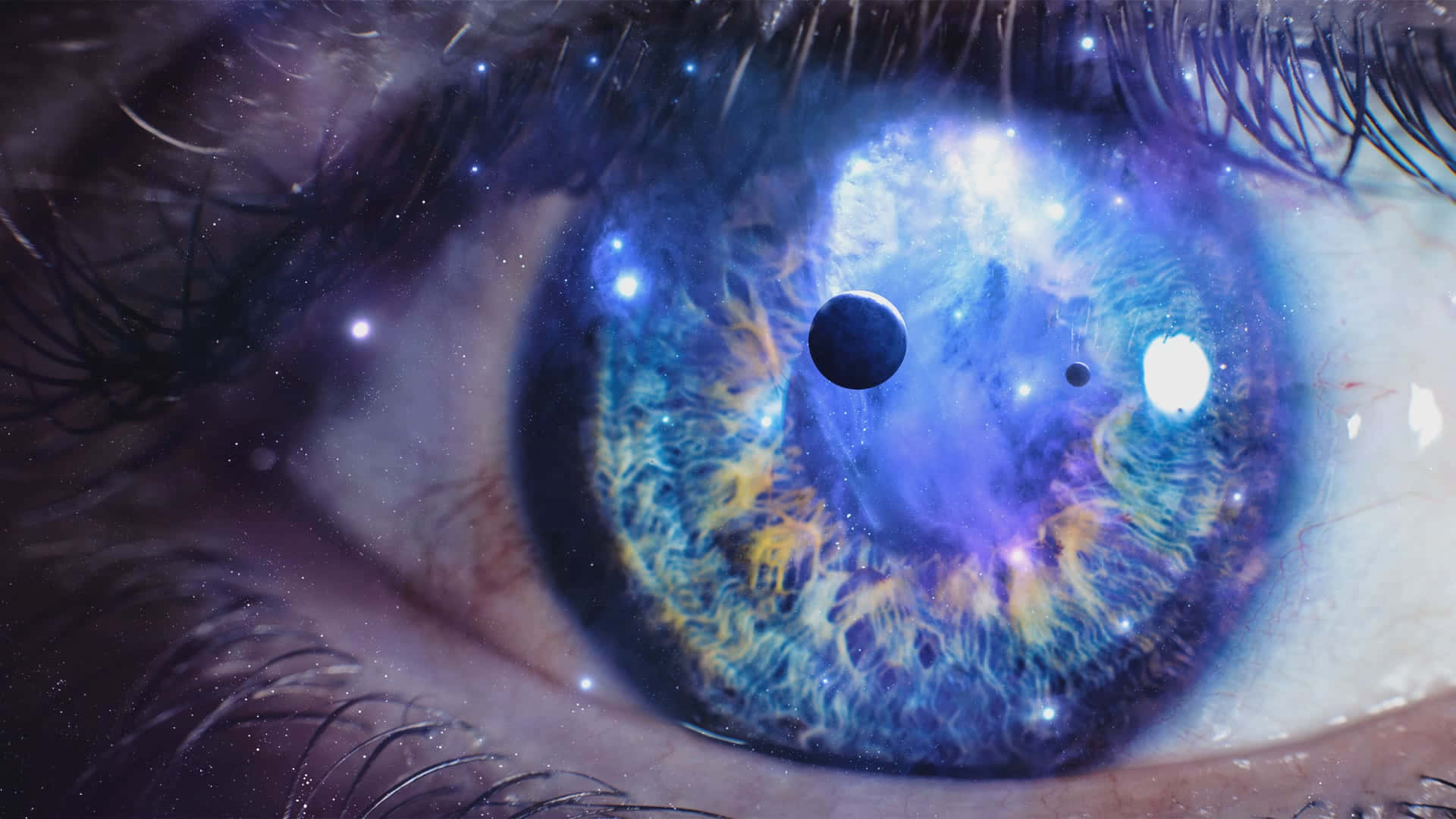 sparkling blue eye, human eye, swirling galaxy, Full HD Desktop Wallpaper