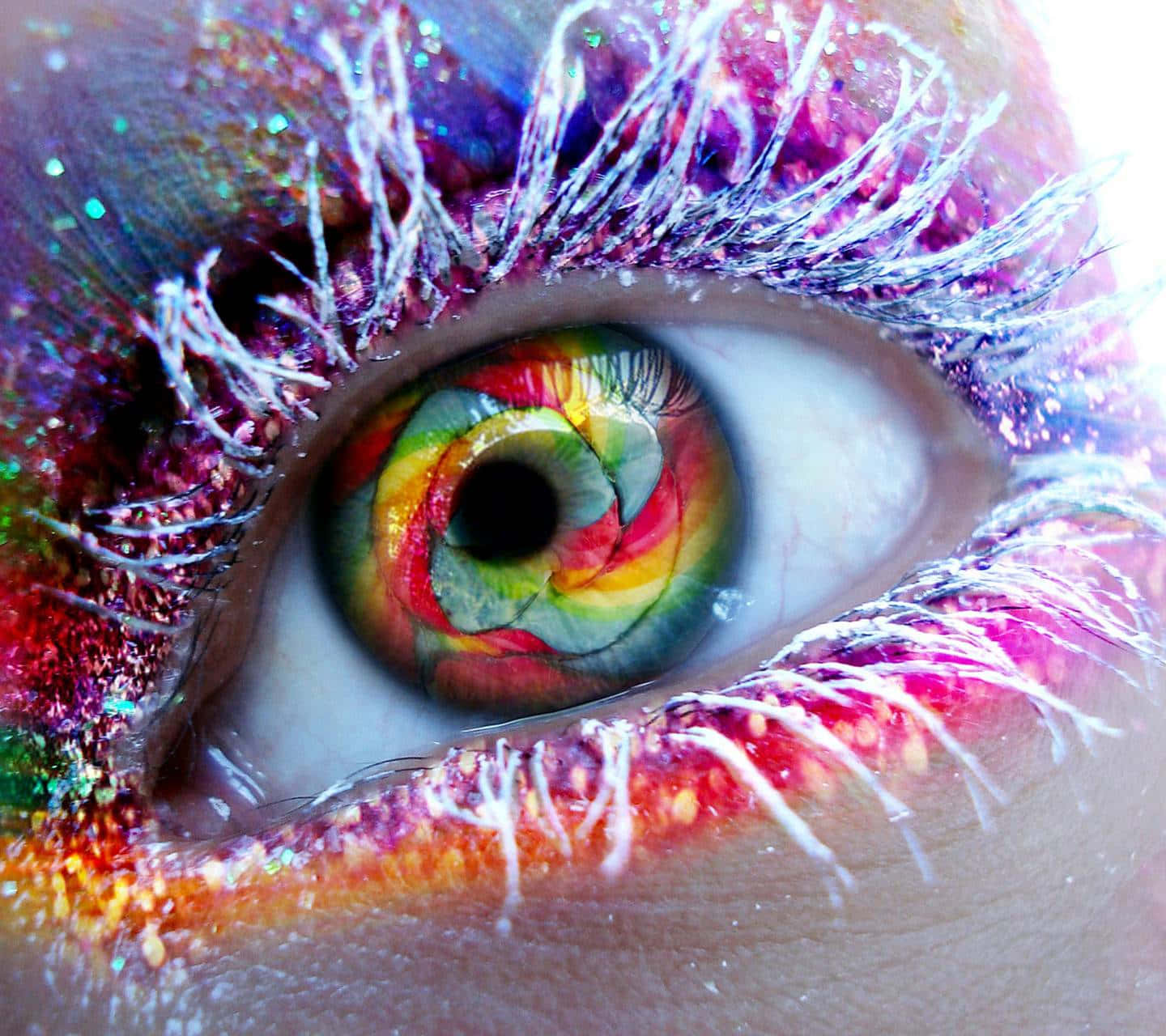 rainbow swirls in the iris, glittery purple pink and gold makeup, close-up of an eye, HD Desktop Wallpaper