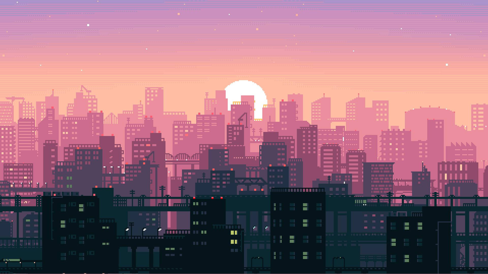 8bit pixel, anime city, sunset, Full HD Desktop Wallpaper