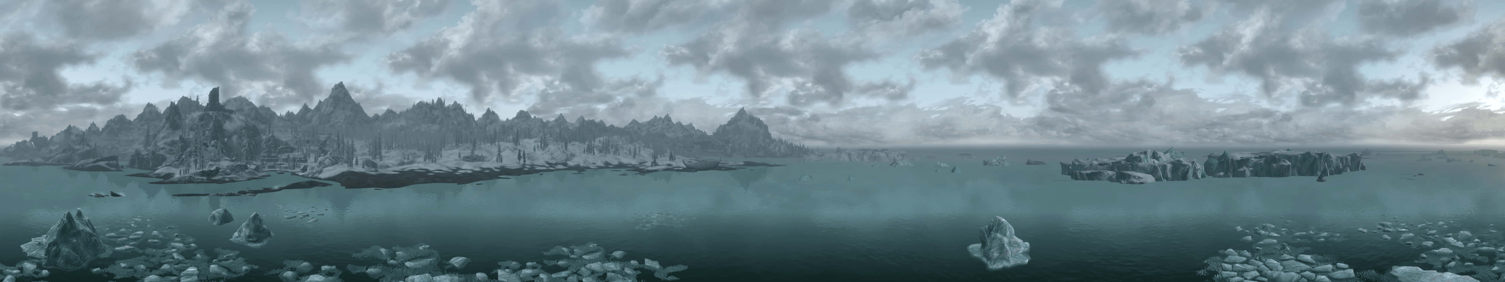 Eyefinity, icy landscape, jagged snow-capped mountains, 5K Desktop Wallpaper