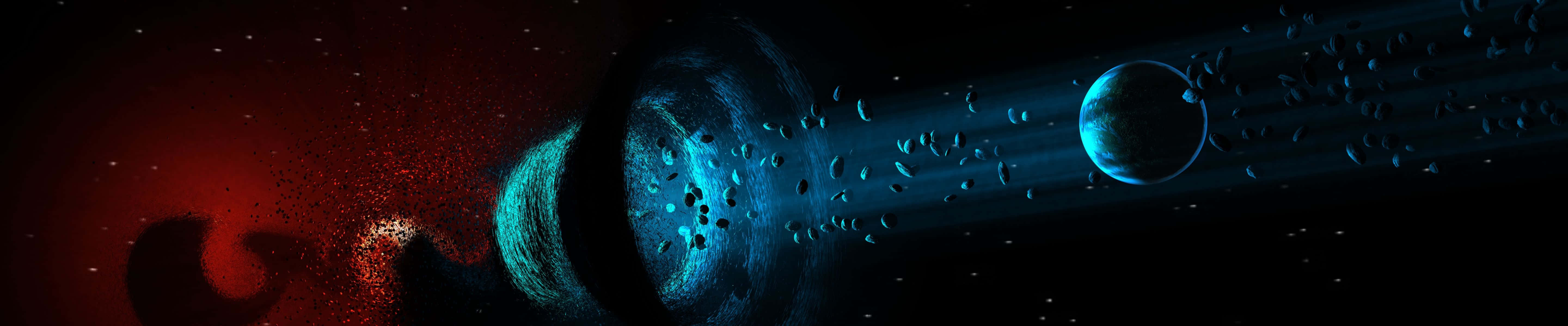 Eyefinity, blue planet, red nebulae, 5K Desktop Wallpaper