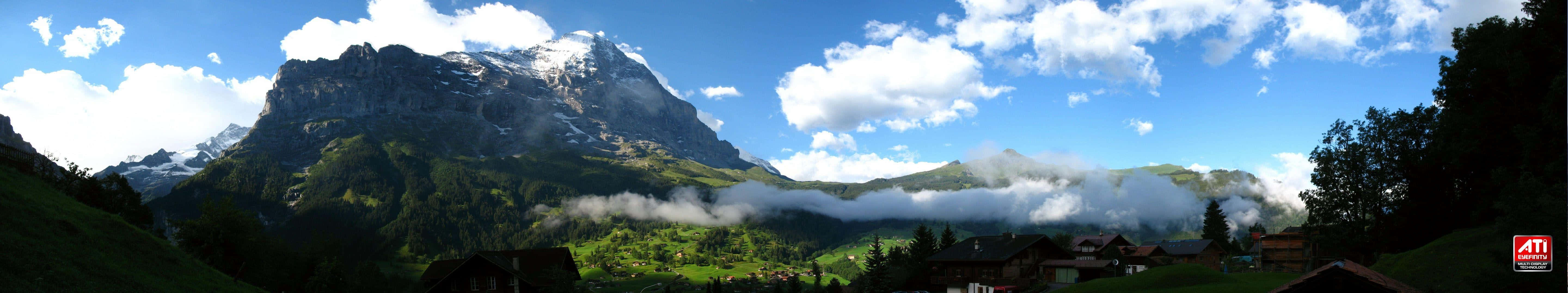 Eyefinity, snow-capped mountain, valley, 5K Desktop Wallpaper