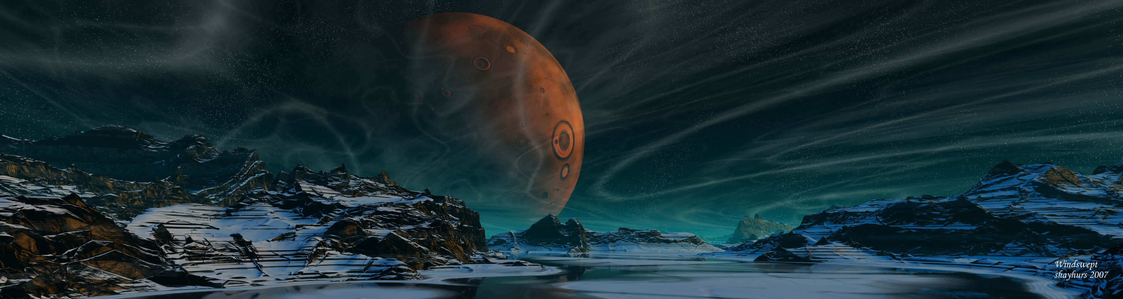 Eyefinity, reddish planet, snow-covered alien landscape, 4K Desktop Wallpaper