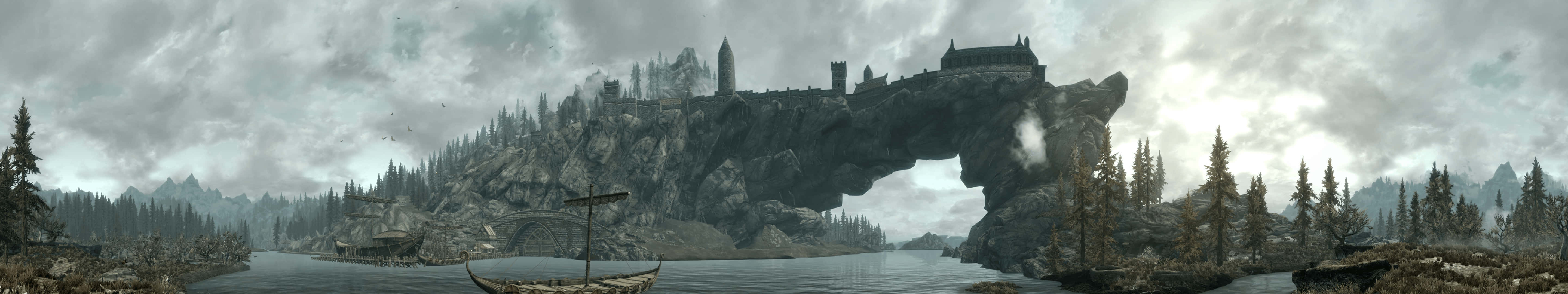 Eyefinity, misty lake, colossal stone arch bridge, 5K Desktop Wallpaper