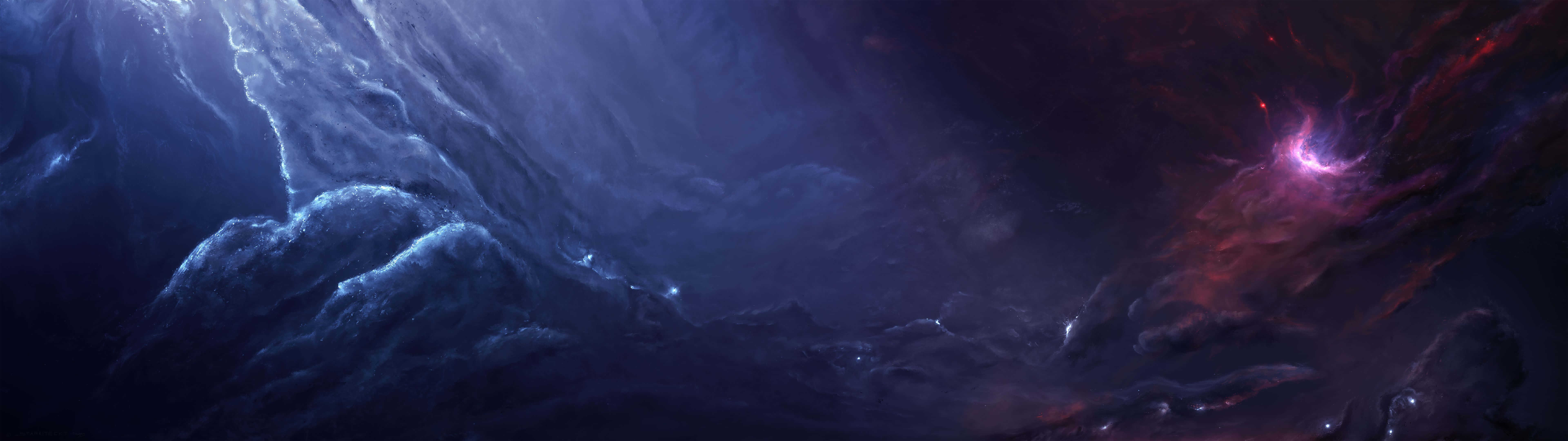 Eyefinity, cosmic nebula, deep blues, 8K Desktop Wallpaper