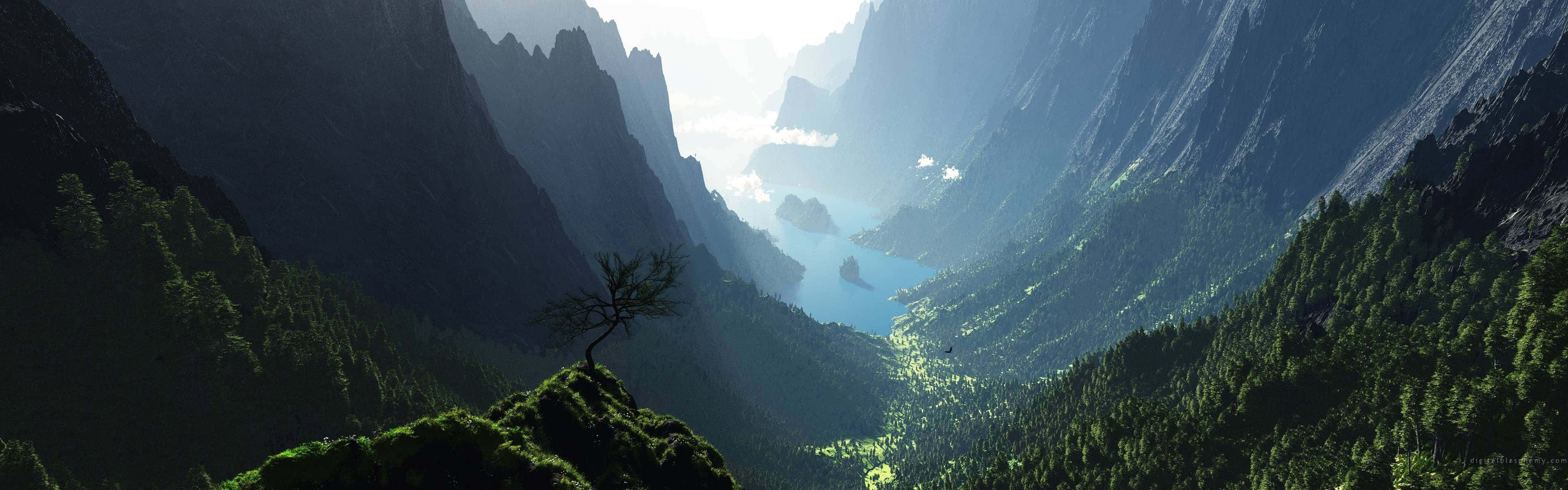 Eyefinity, mossy cliff, deep valley, 4K Desktop Wallpaper