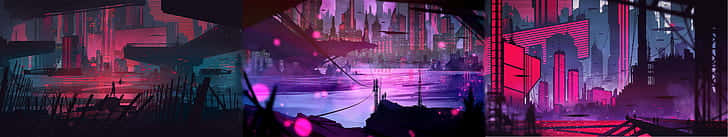Eyefinity, neon-drenched cyberpunk cityscape, night, SD Desktop Wallpaper