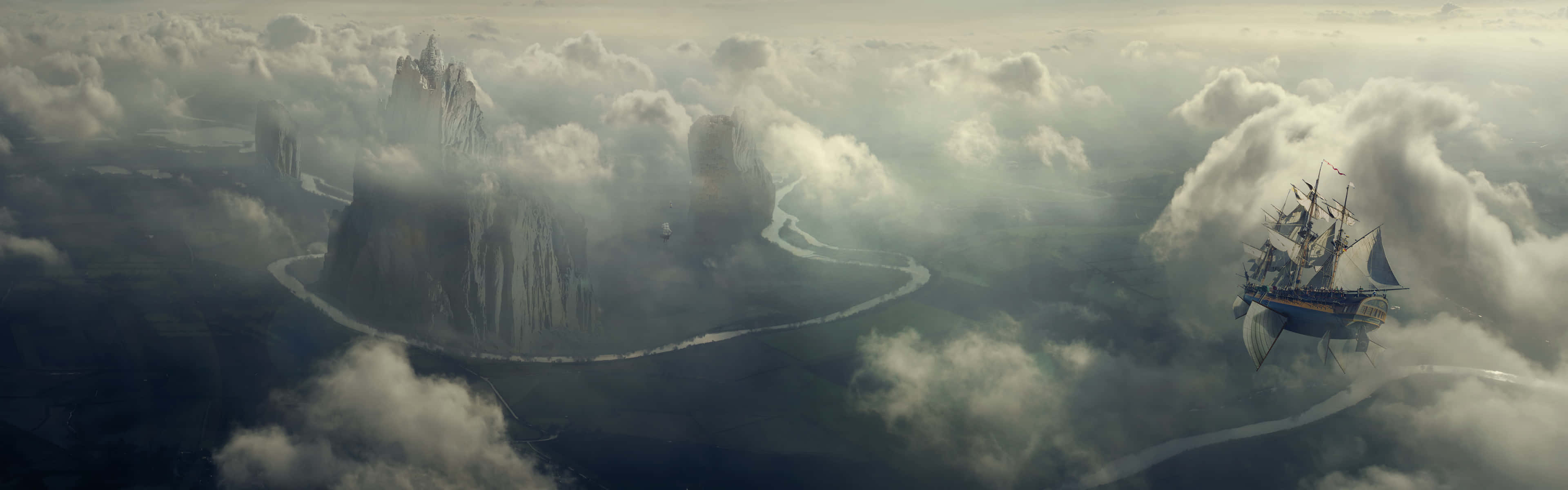 Eyefinity, sailing ship, misty clouds, 4K Desktop Wallpaper