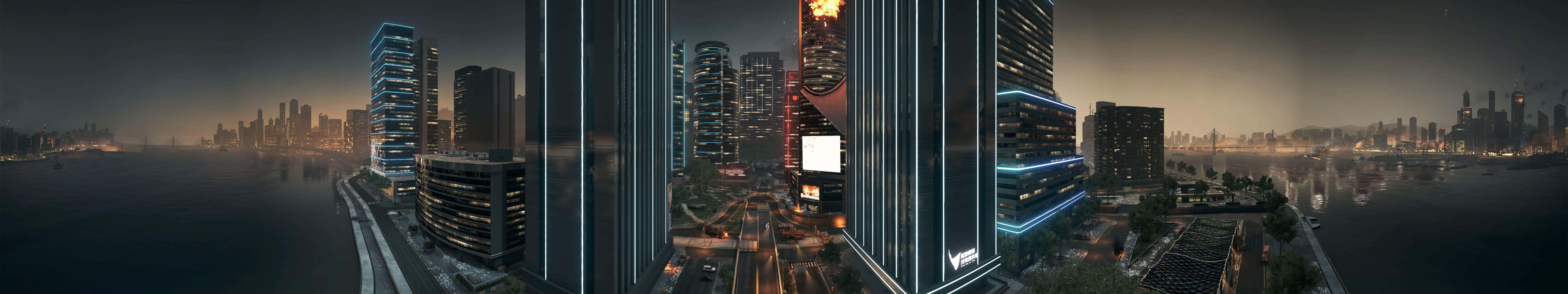 Eyefinity, futuristic cityscape, dusk, 5K Desktop Wallpaper