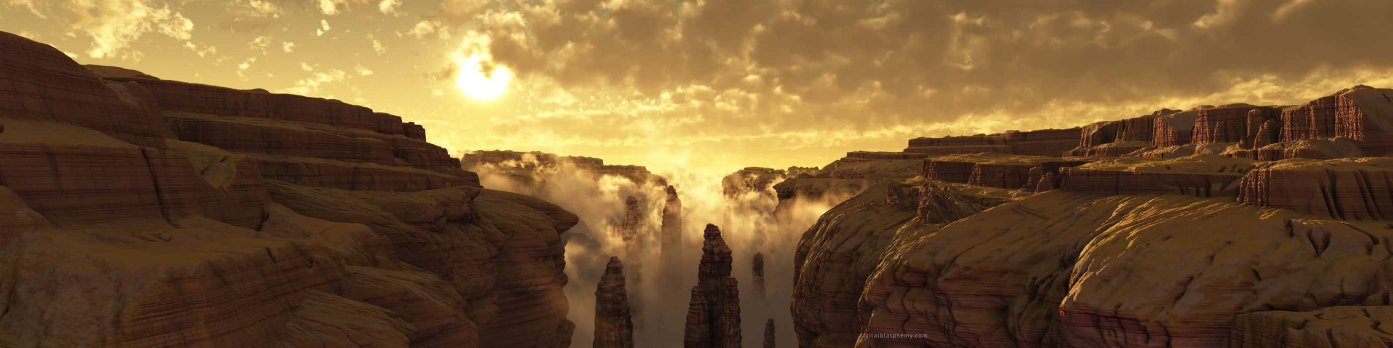 Eyefinity, sunset, waterfall, 2K Desktop Wallpaper