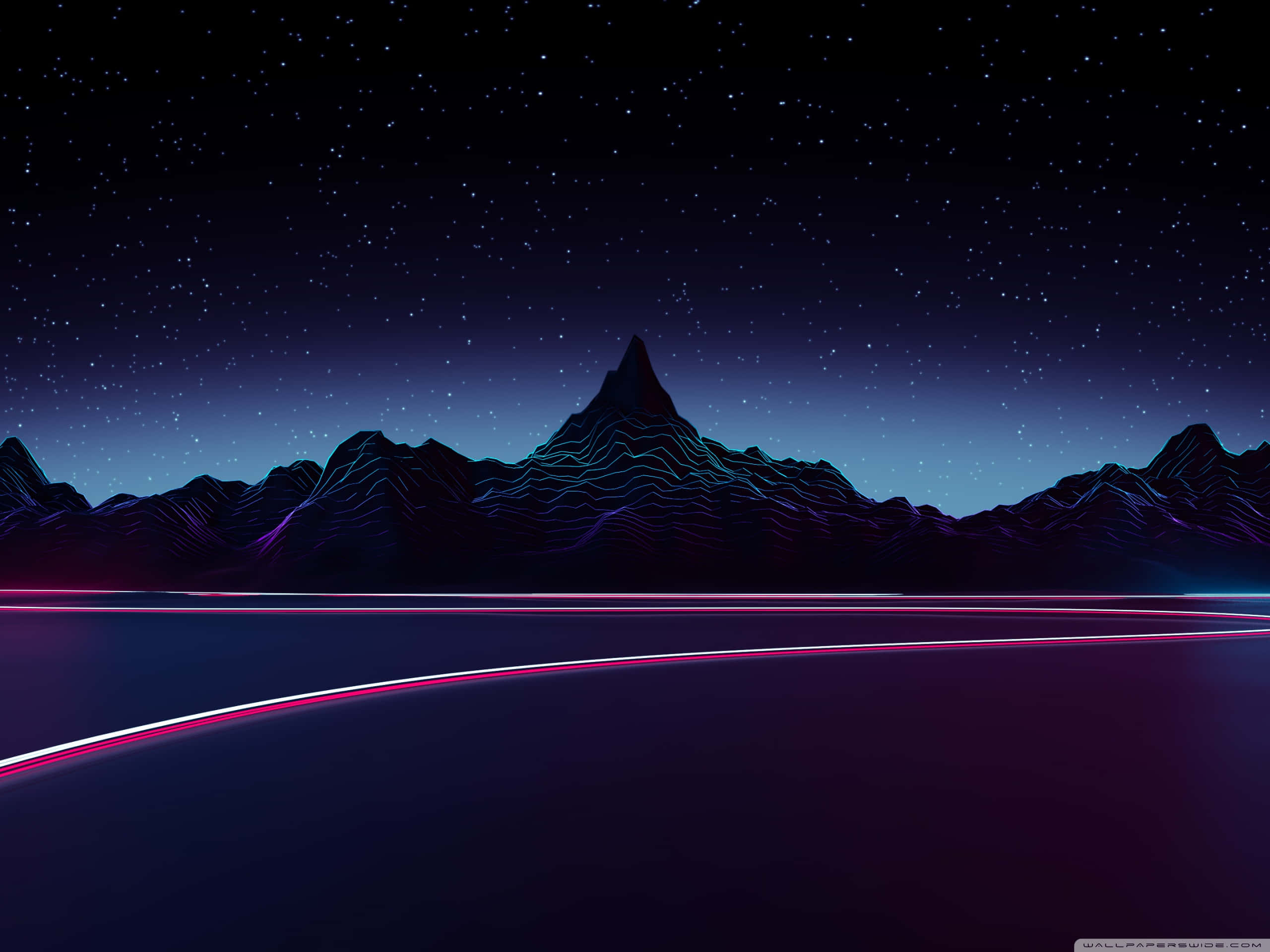 Eyefinity, neon-lit mountain range, starry night sky, 2K Desktop Wallpaper