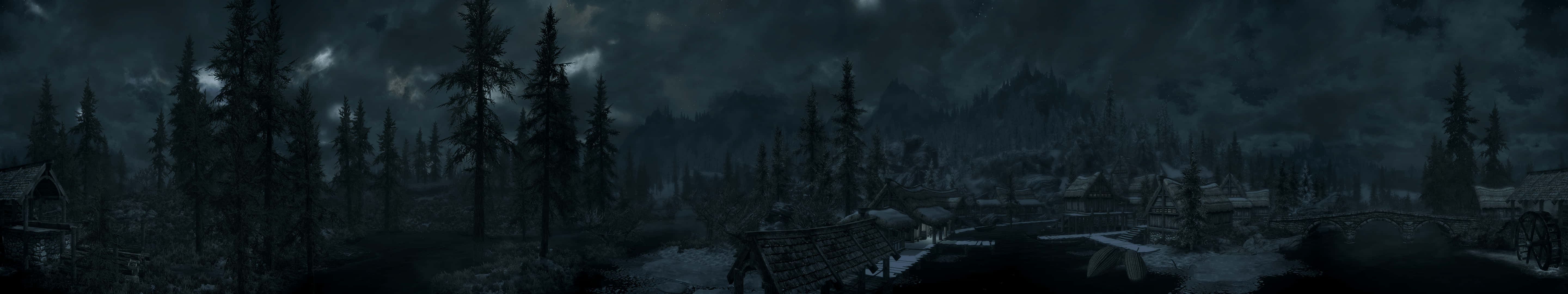 Eyefinity, dark night scene, snowy forest, 5K Desktop Wallpaper