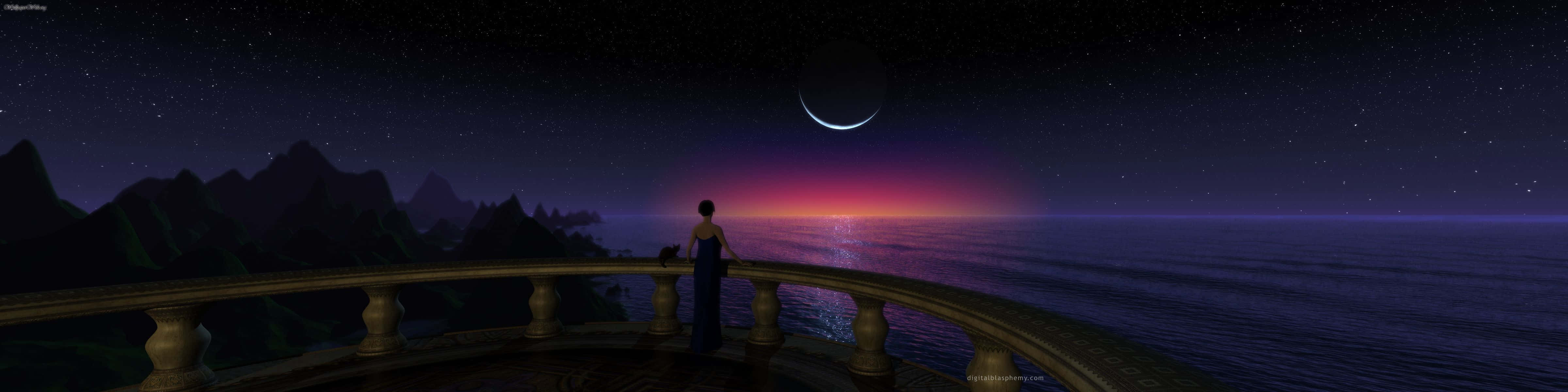Eyefinity, crescent moon, starry ocean, 4K Desktop Wallpaper